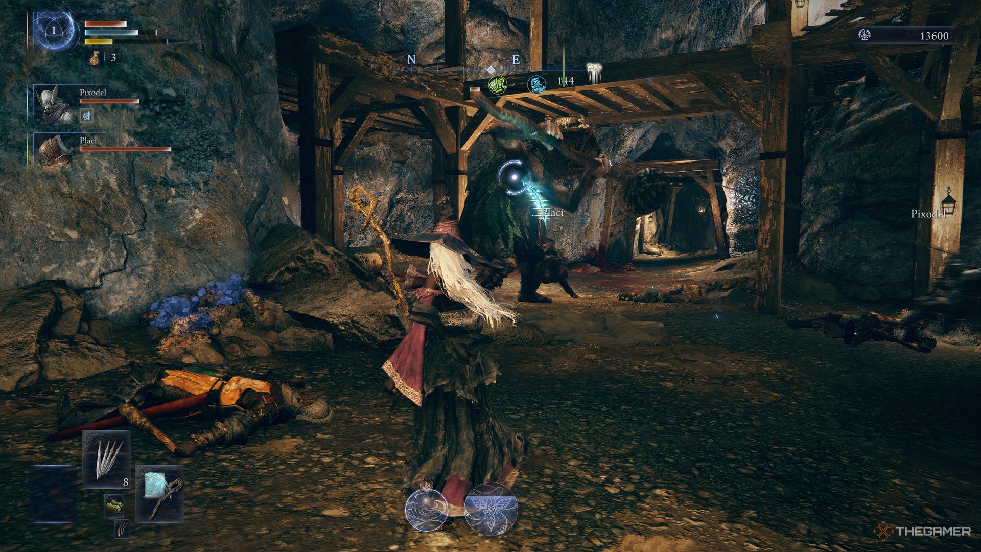 Recluse fires a glintstone shard at a pumpkin troll in a mine in Elden Ring Nightreign.