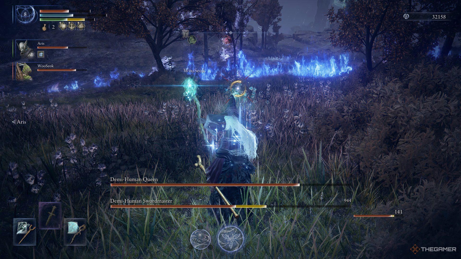 Recluse raises her staves as she fights the Demi Human duo bosses in Elden Ring Nightreign.