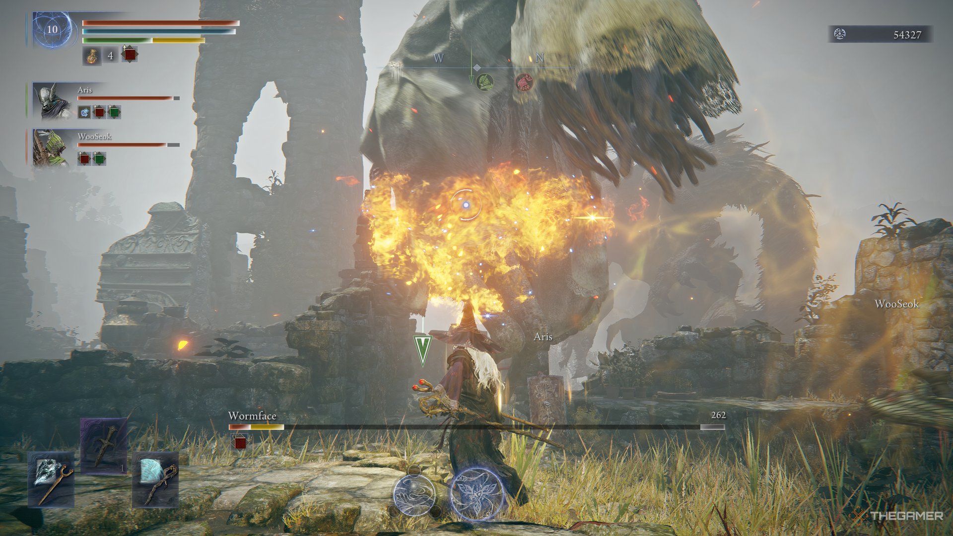 Recluse uses her fire breath to put down the boss Wormface in Elden Ring Nightreign.