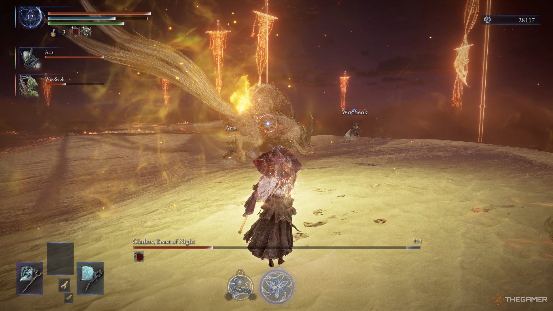 Recluse drinks a flask under the light of a Warming Stone made by her character skill in Elden Ring Nightreign.