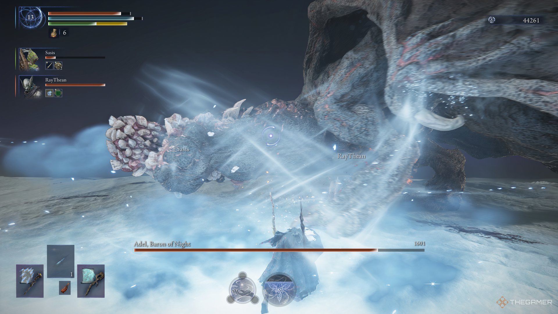 Recluse turns herself in a crystal and summons an ice storm against the Gaping Jaw in Elden Ring Nightreign.