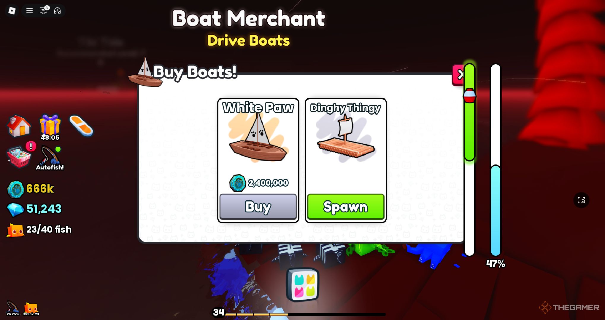 A player buying a boat in Roblox Pet Simulator 99.