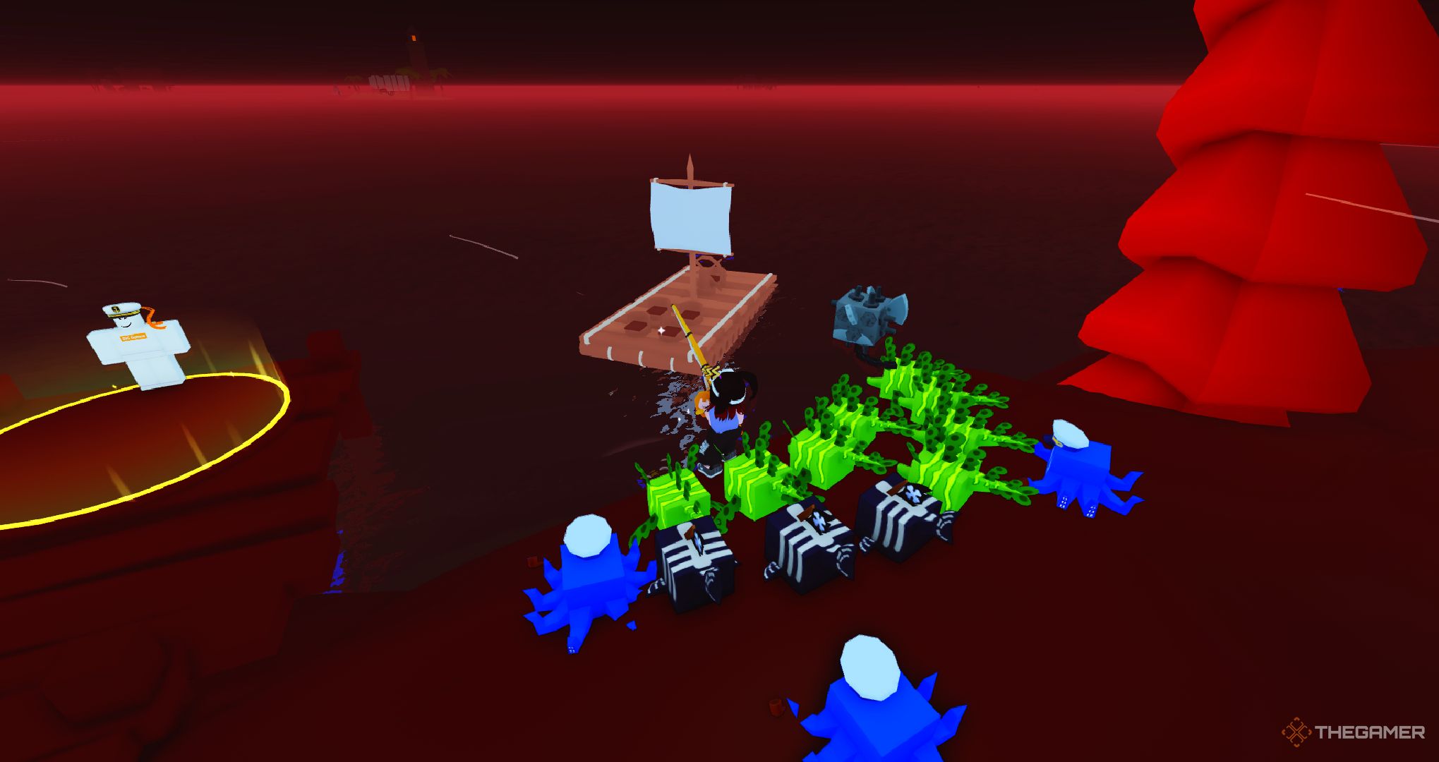 A player fishing near their boat in Roblox Pet Simulator 99.