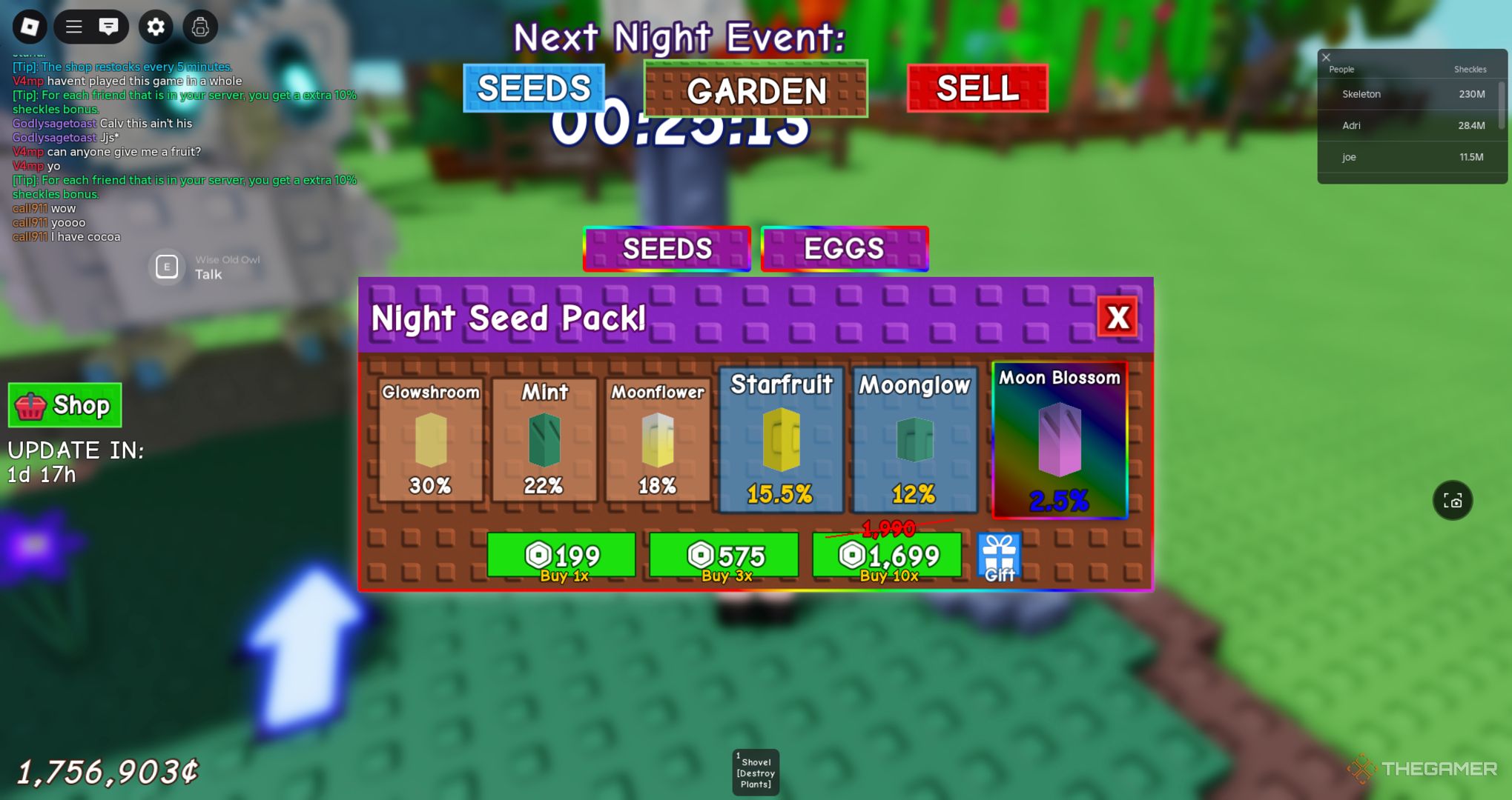 A player looking at a night seed pack in Roblox Grow a Garden.
