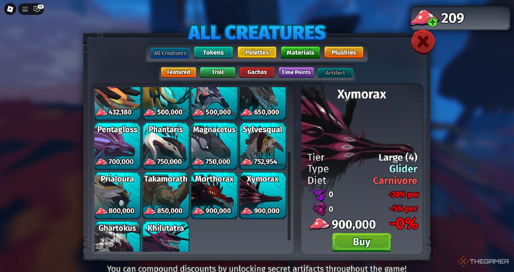 A player looking at artifact creatures in Roblox Creatures of Sonaria.