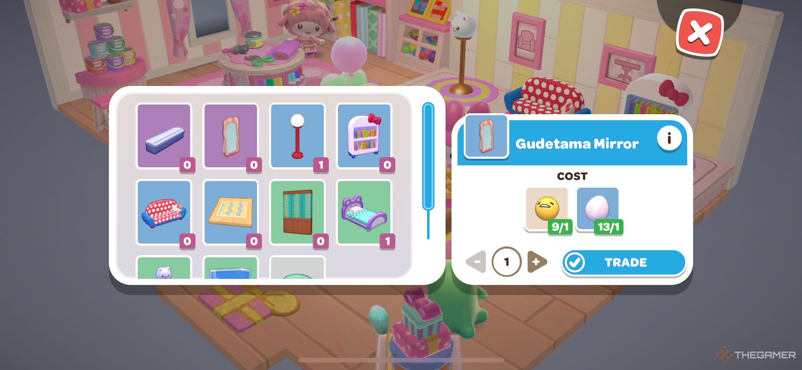 Игрок рассматривает зеркало Гудетамы в Hello Kitty Island Adventure.