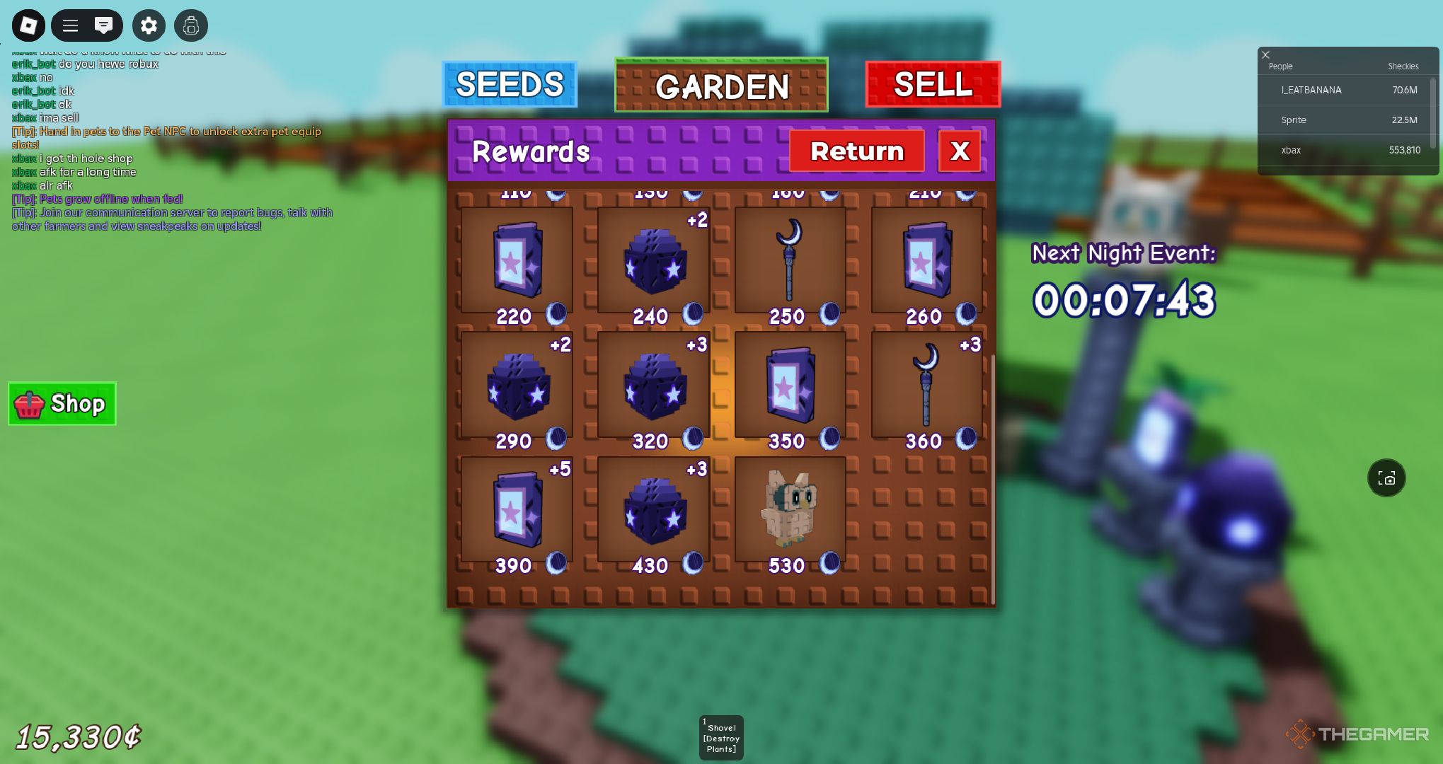 A player looking at the Lunar Glow event rewards in Roblox Grow A Garden.
