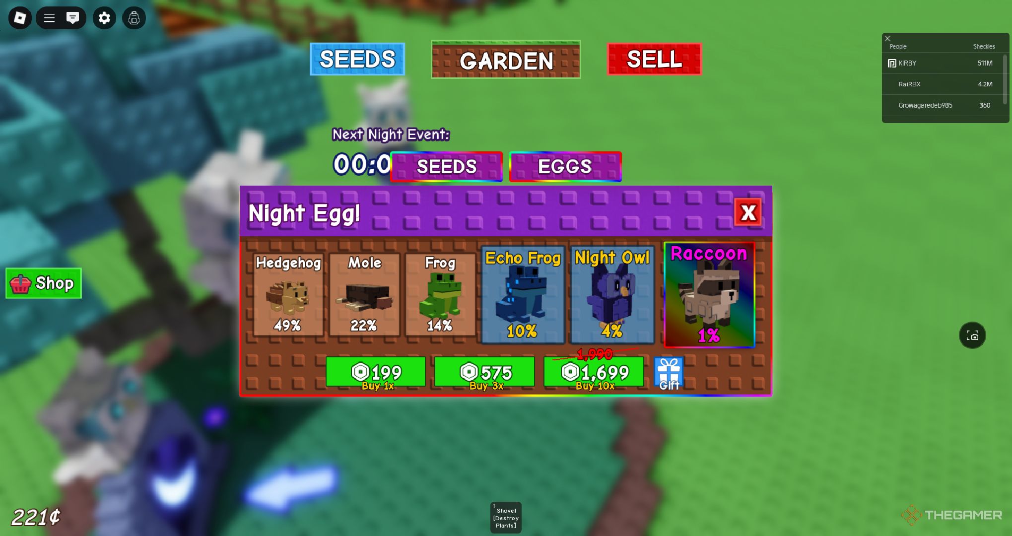 A player looking at the Night Egg contents in Roblox Grow a Garden.