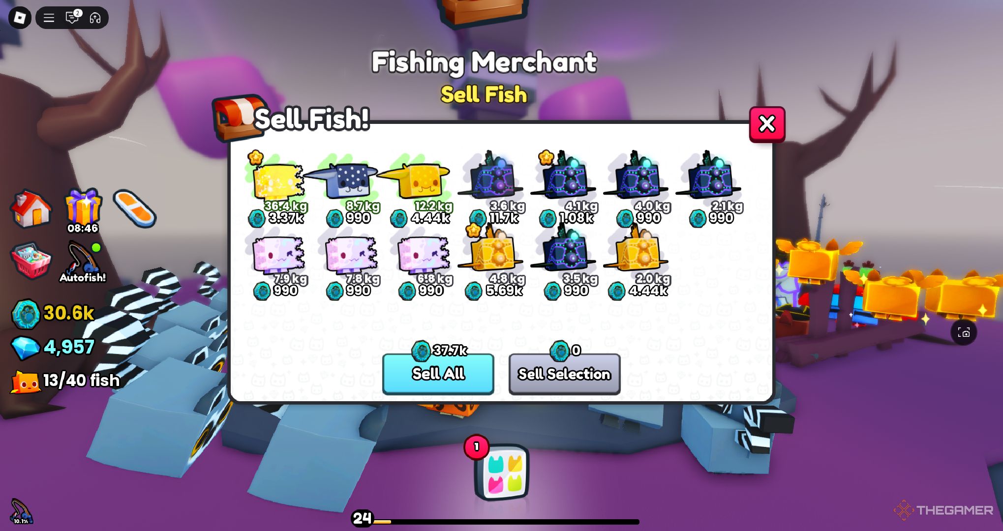 A player selling fish in Roblox Pet Simulator 99.