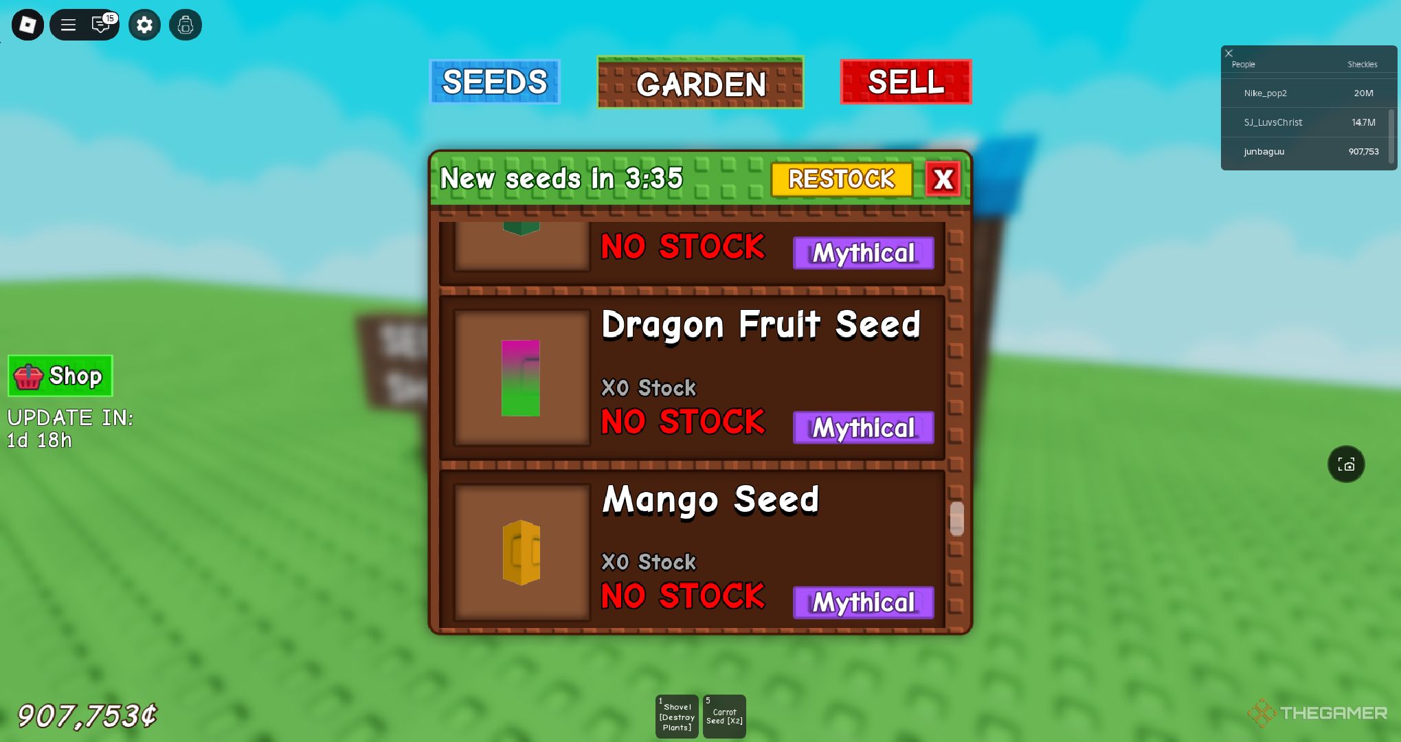 A player standing looking at seeds for sale in Roblox Grow a Garden.