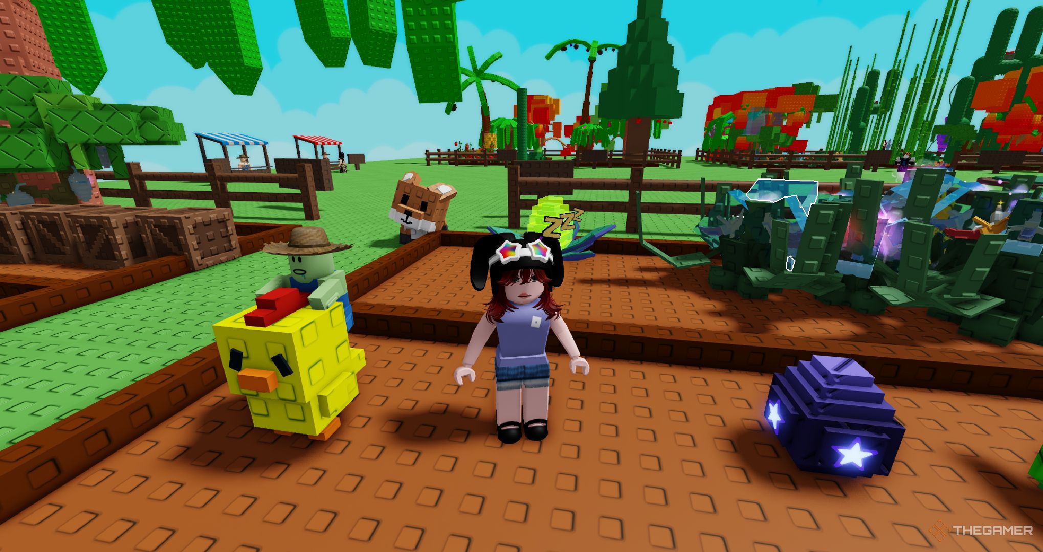 A player standing next to a chicken zombie in Roblox Grow A Garden.