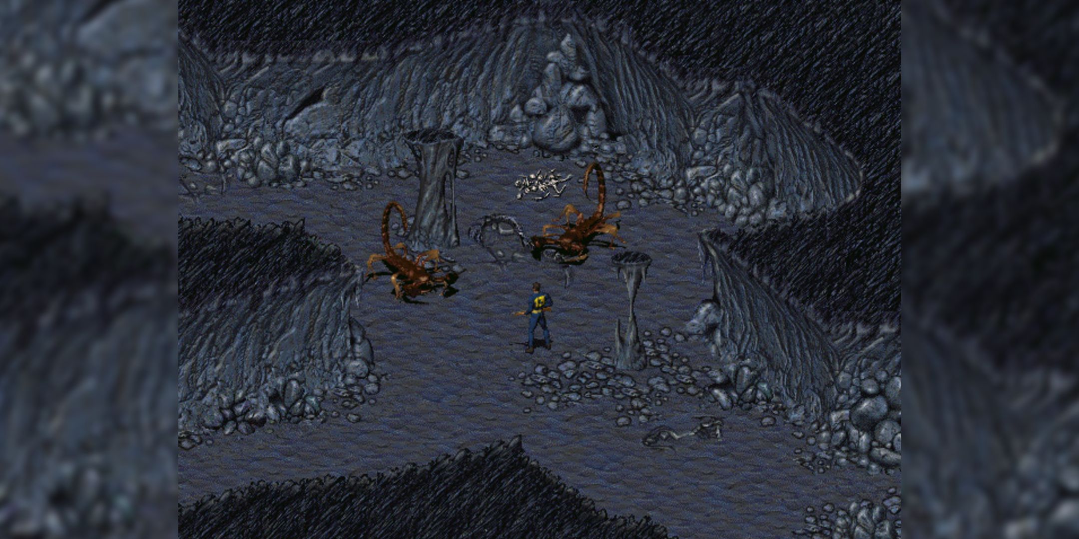 An isometric view of the Vault Dwller facing off against two giant scorpions in a cave in Fallout.