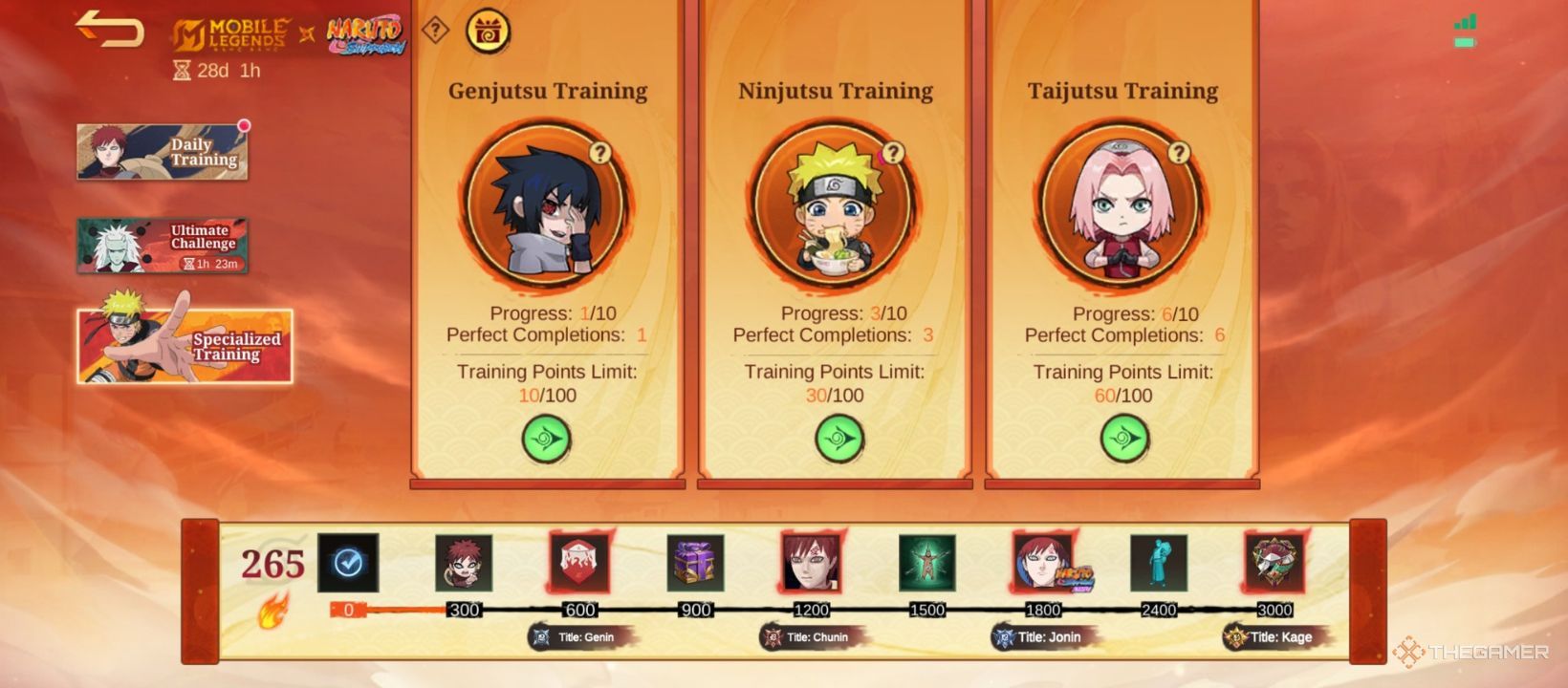 A screenshot of MLBB X Naruto's Specialized Training tab showing Genjutsu Training, Ninjutsu Training, and Taijutsu Training.