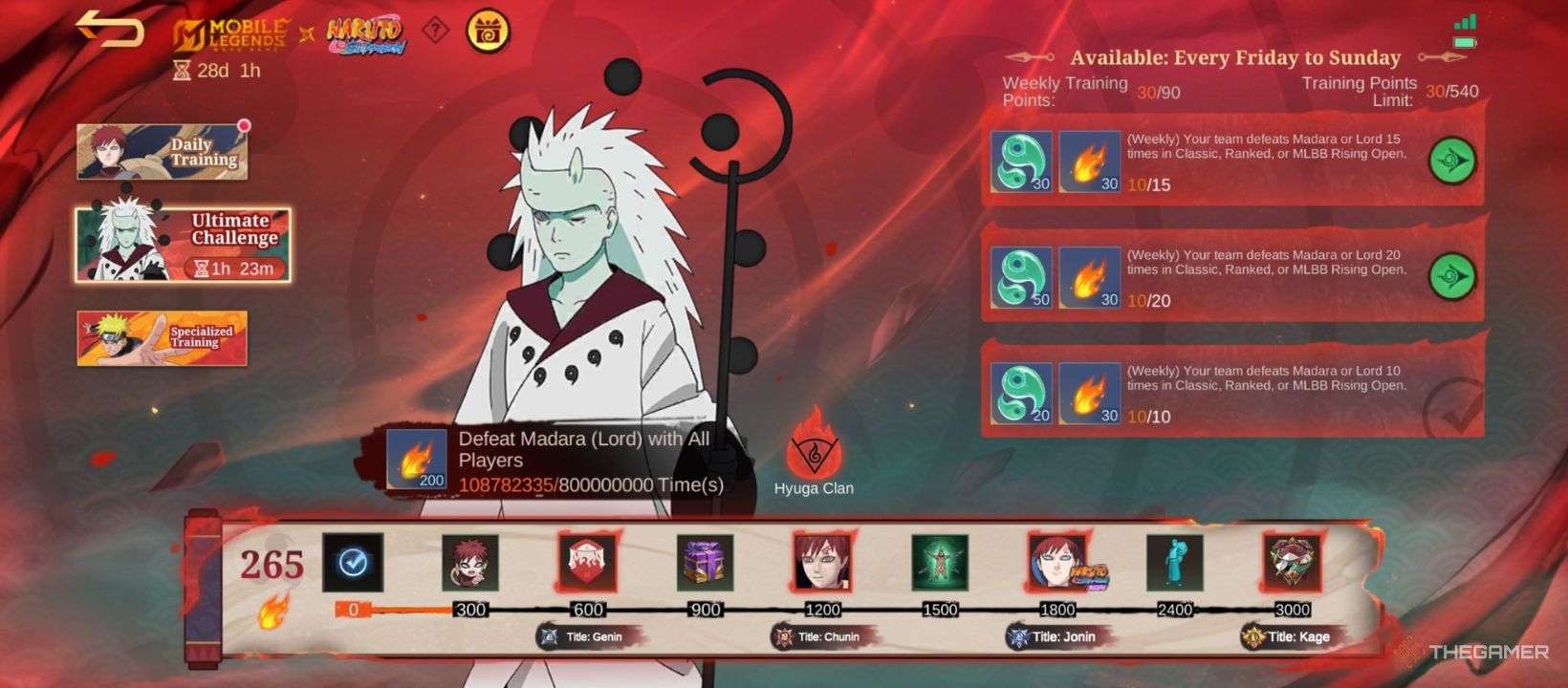 A screenshot of Mobile Legends's Ultimate Challenge task tab where you defeat Madara for a free Gaara skin.