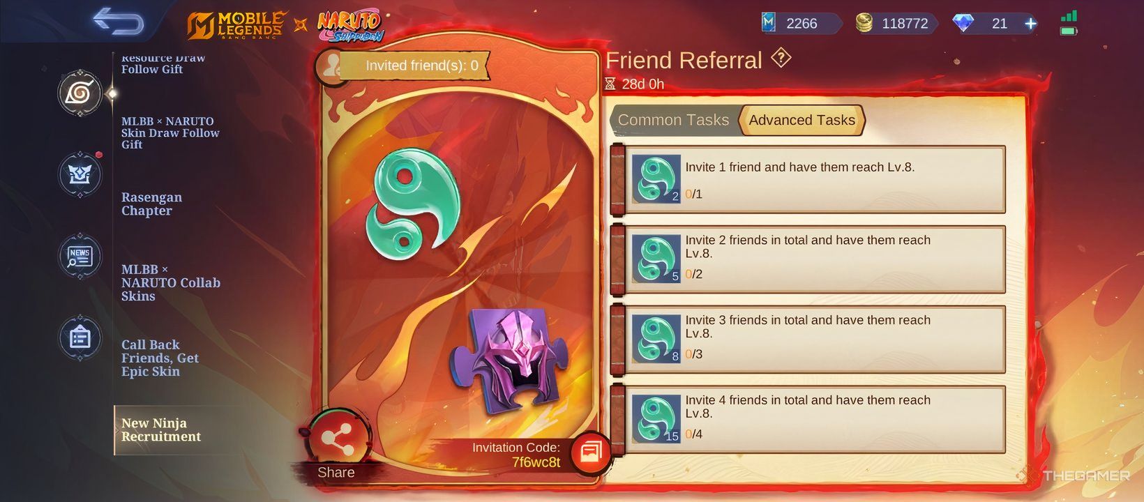 A screenshot showing the various advanced tasks in the New Ninja Recruitment event in Mobile Legends's Naruto collab.