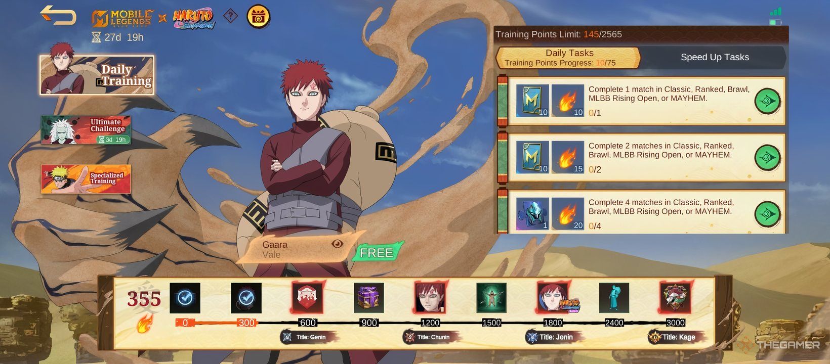 A screenshot showing the various tasks in Gaara's Daily Training in Mobile Legends.