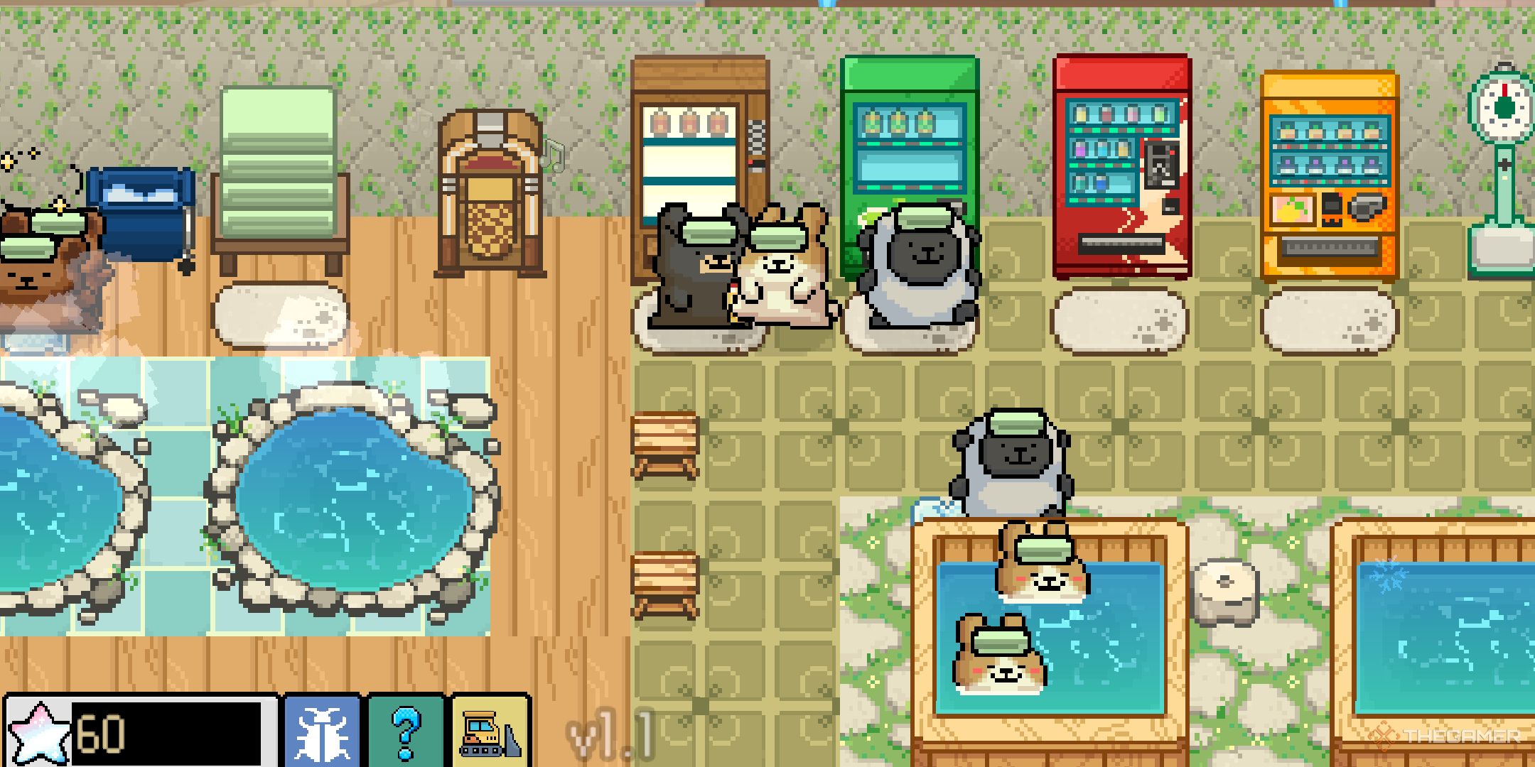 A view of baths and vending machines in Animal Spa.