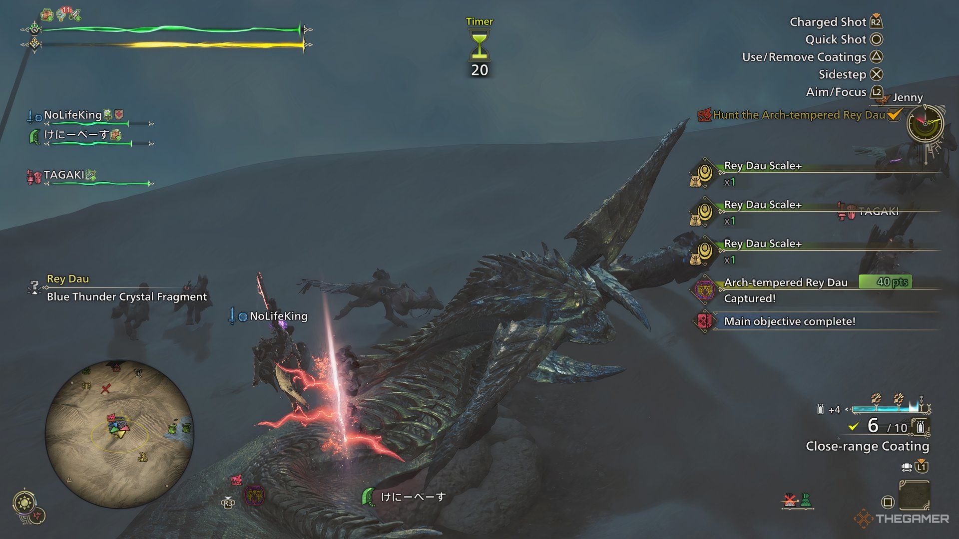 Arch Tempered Rey Dau falling into a pit and being catured in Monster Hunter Wilds.