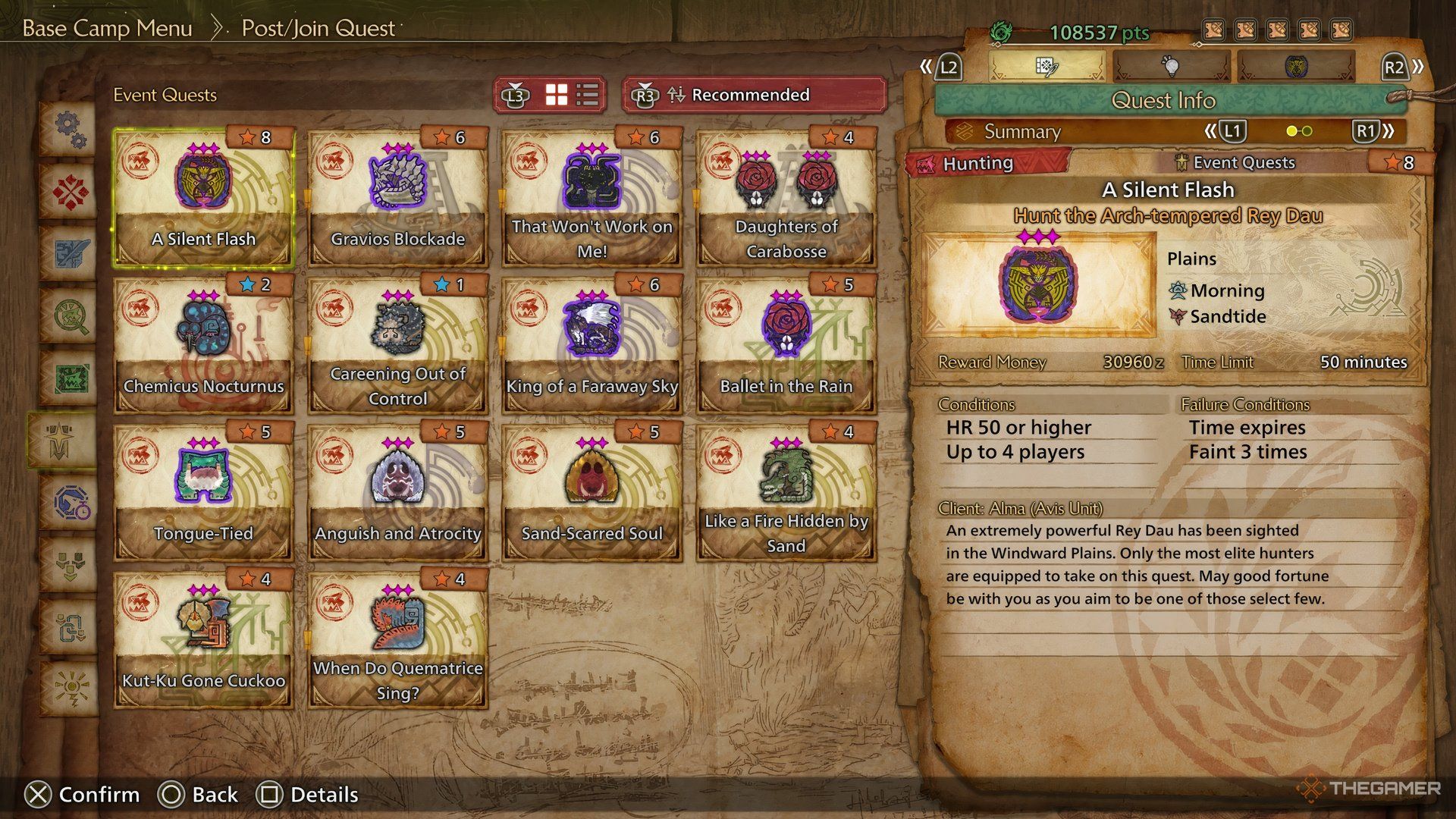Arch Tempered Rey Dau quest selection screen in Monster Hunter Wilds.