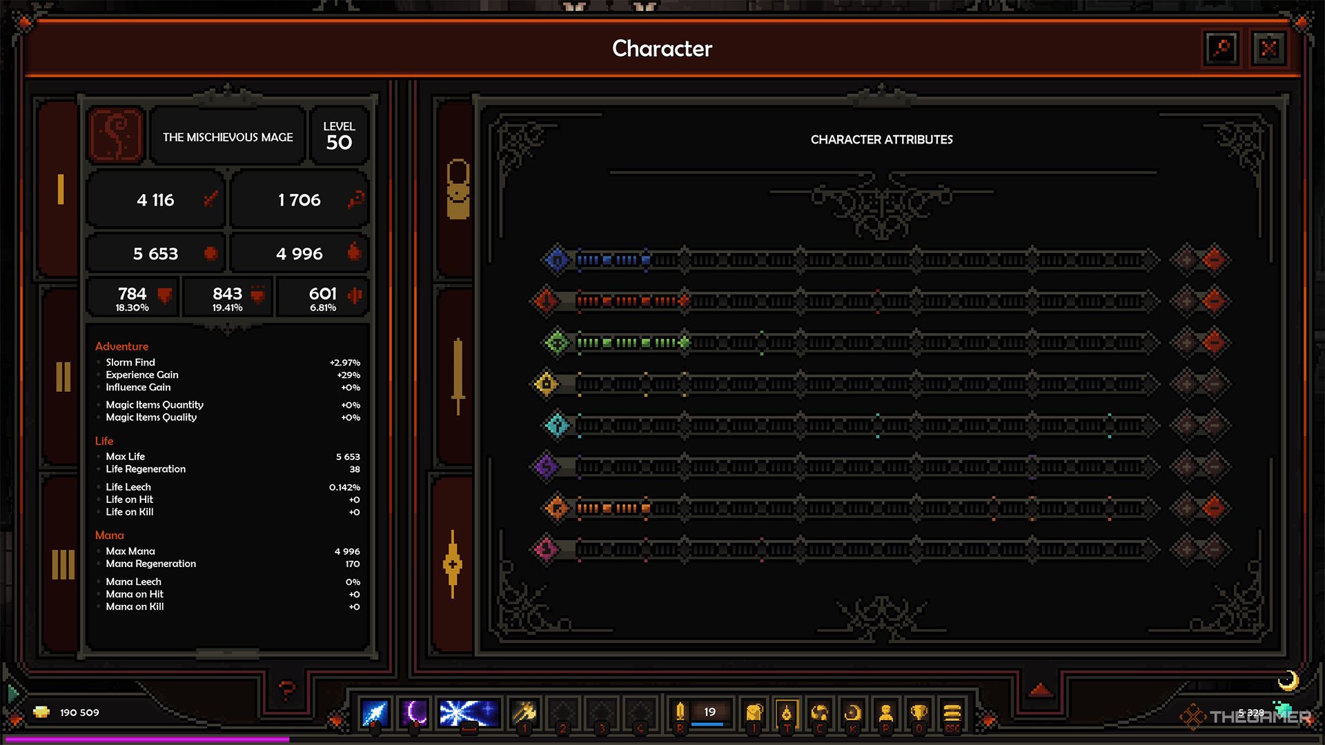 Attributes for a Mage leveling build in The Slormancer.