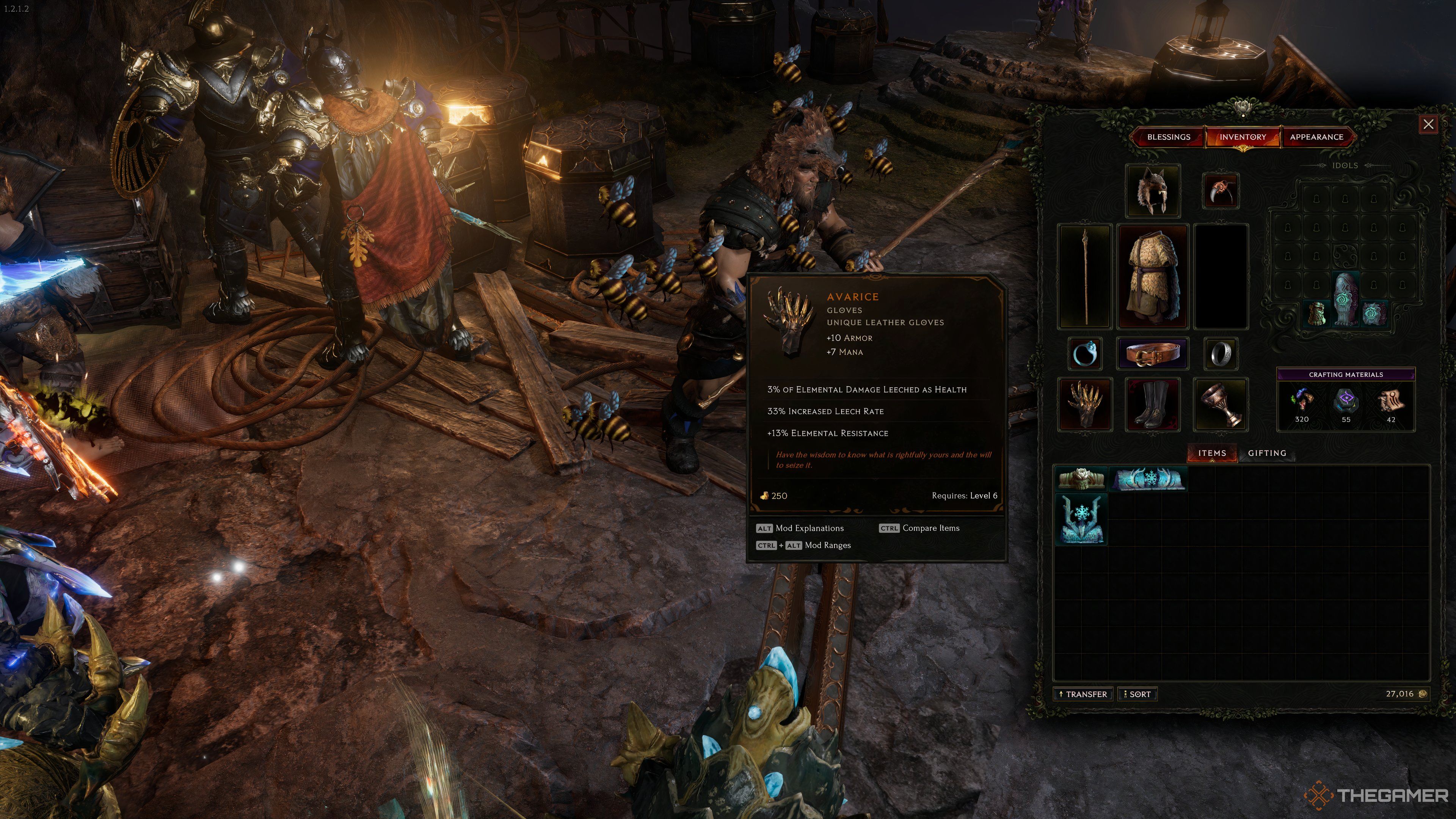 Avarice, a pair of early game Unique gloves, in Last Epoch.
