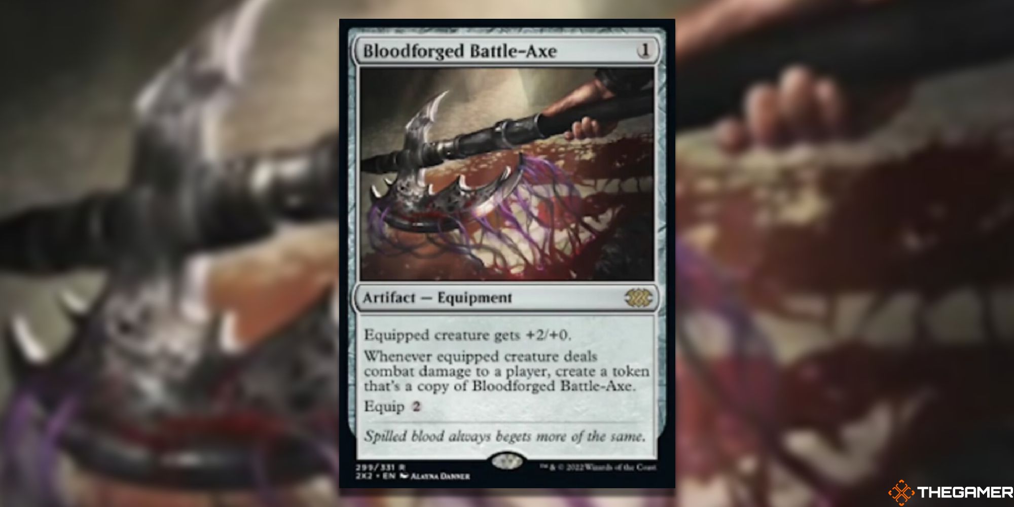 Magic: The Gathering Bloodforged Battle-Axe full card with background.