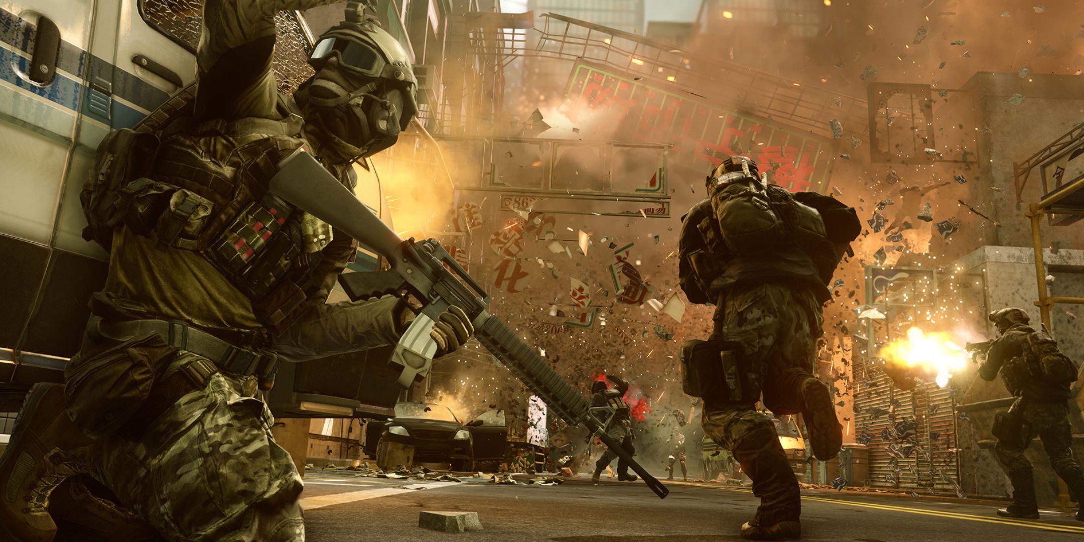 A soldier giving orders to his squad while two teammates move forward, shooting, in a street getting destroyed in Battlefield 4.