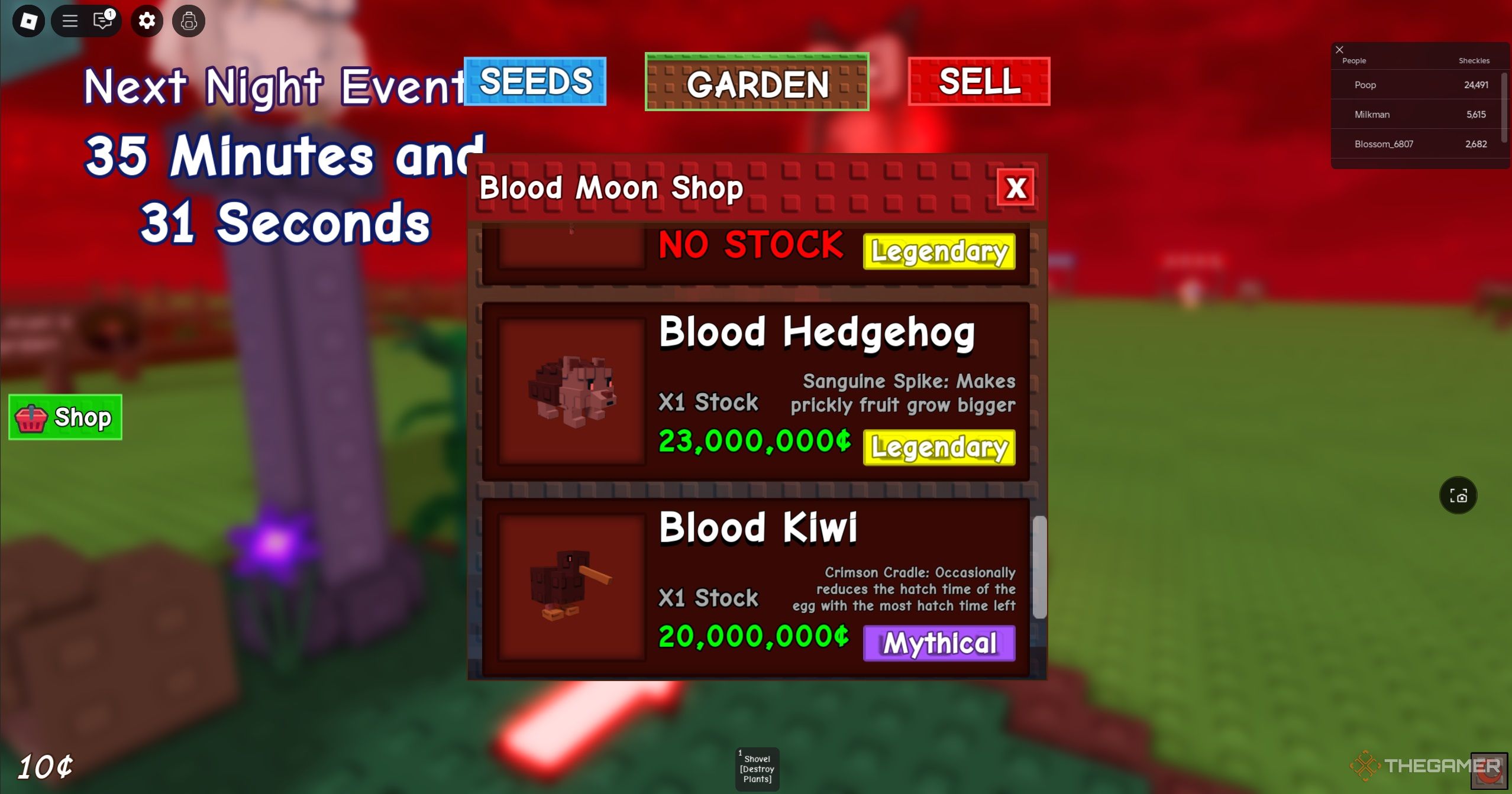 Roblox character looking at the blood moon pets menu in Grow a Garden.