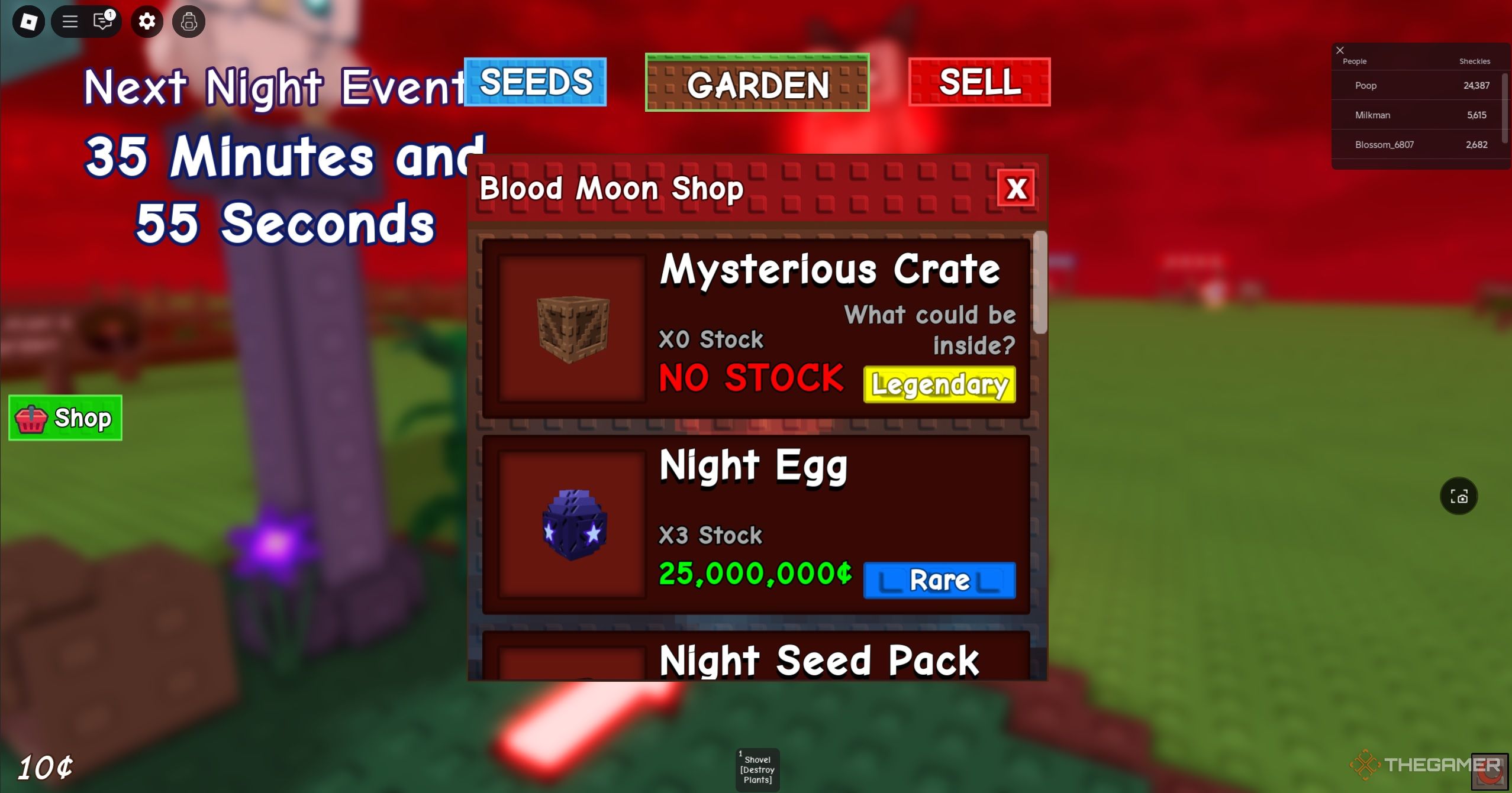 Roblox character interacting with the blood moon shop in Grow a Garden.