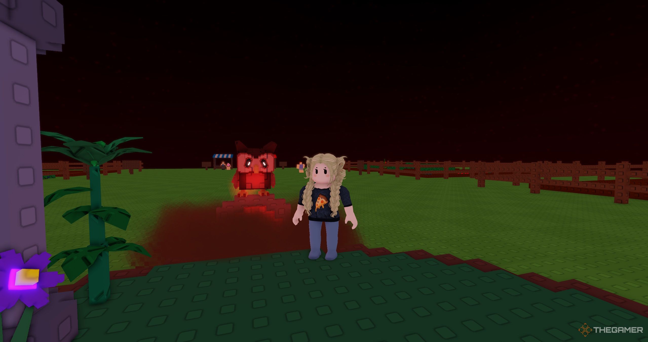 Roblox character posing next to the blood moon shop in Grow a Garden.