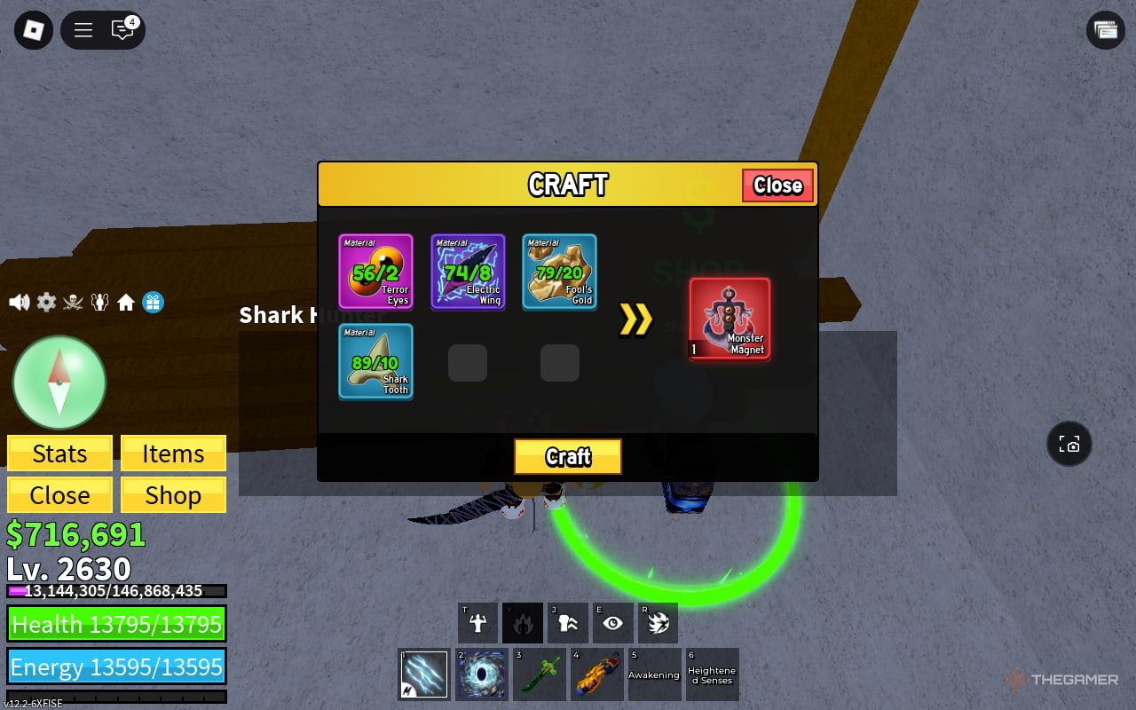 Crafting Monster Magnet at the Shark Hunter NPC in Blox Fruits.