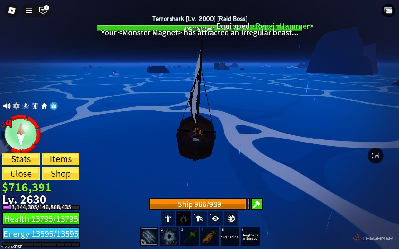 Fighting the Anchored Terrorshark in Blox Fruits.