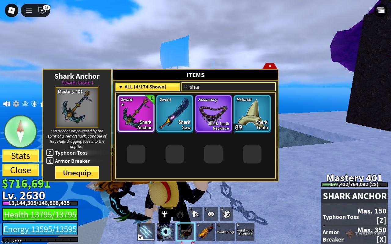 Shark Anchor in the Items list in Blox Fruits. 