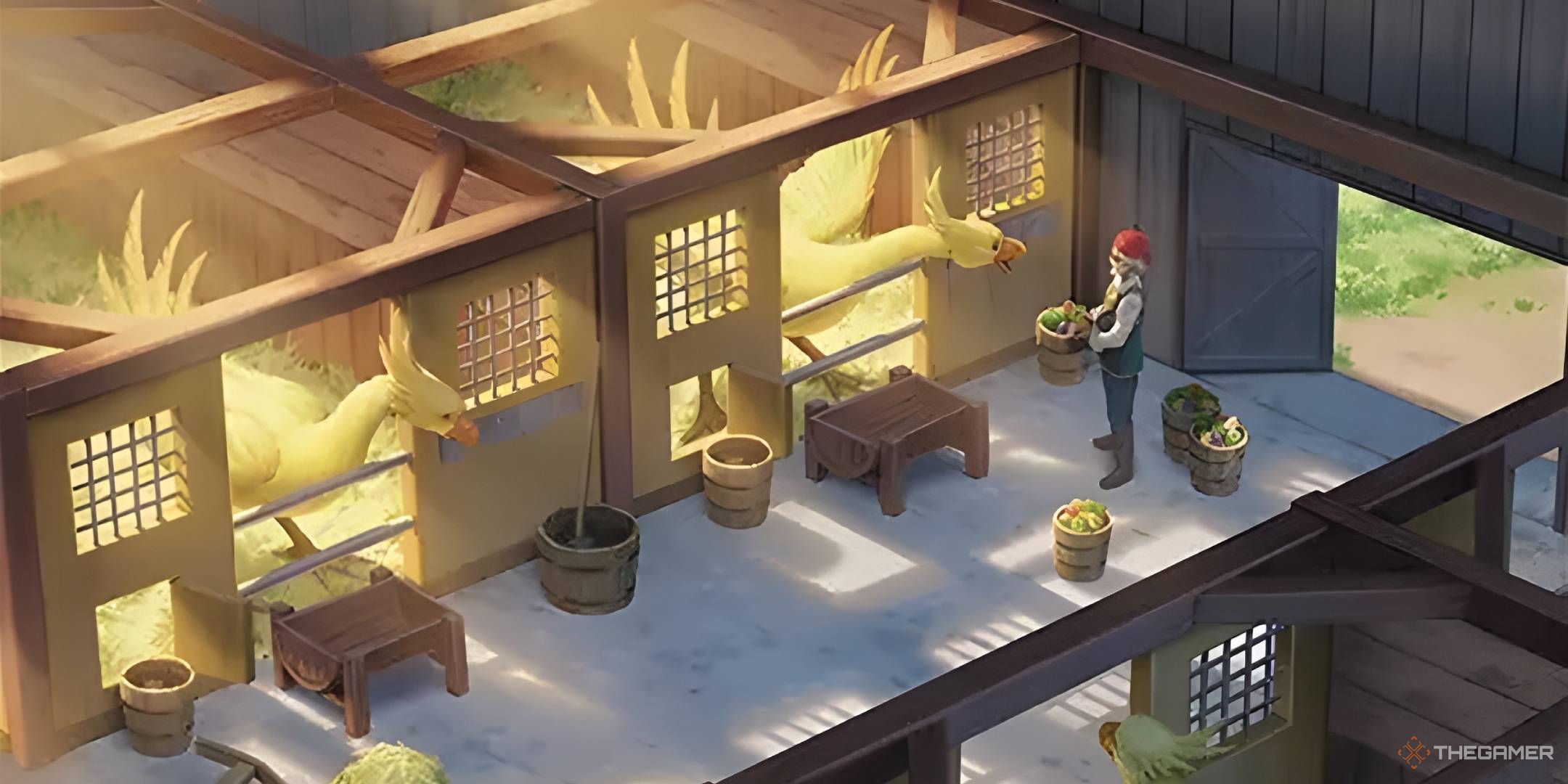 In a stable full of chocobos, a chocobo farmer prepares to dump a bucket of fruit into a trough.