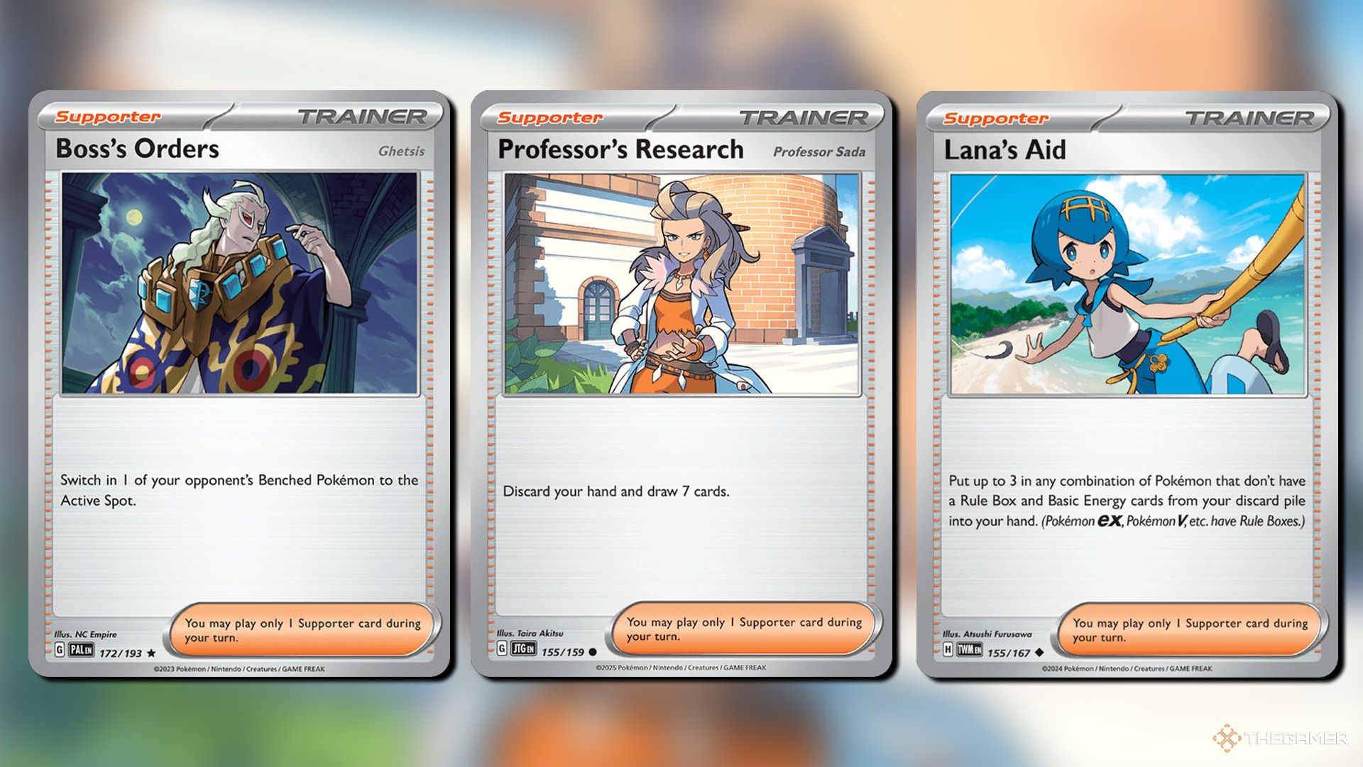 Boss's Orders, Professor's Research and Lana's Aid cards from Pokemon TCG.