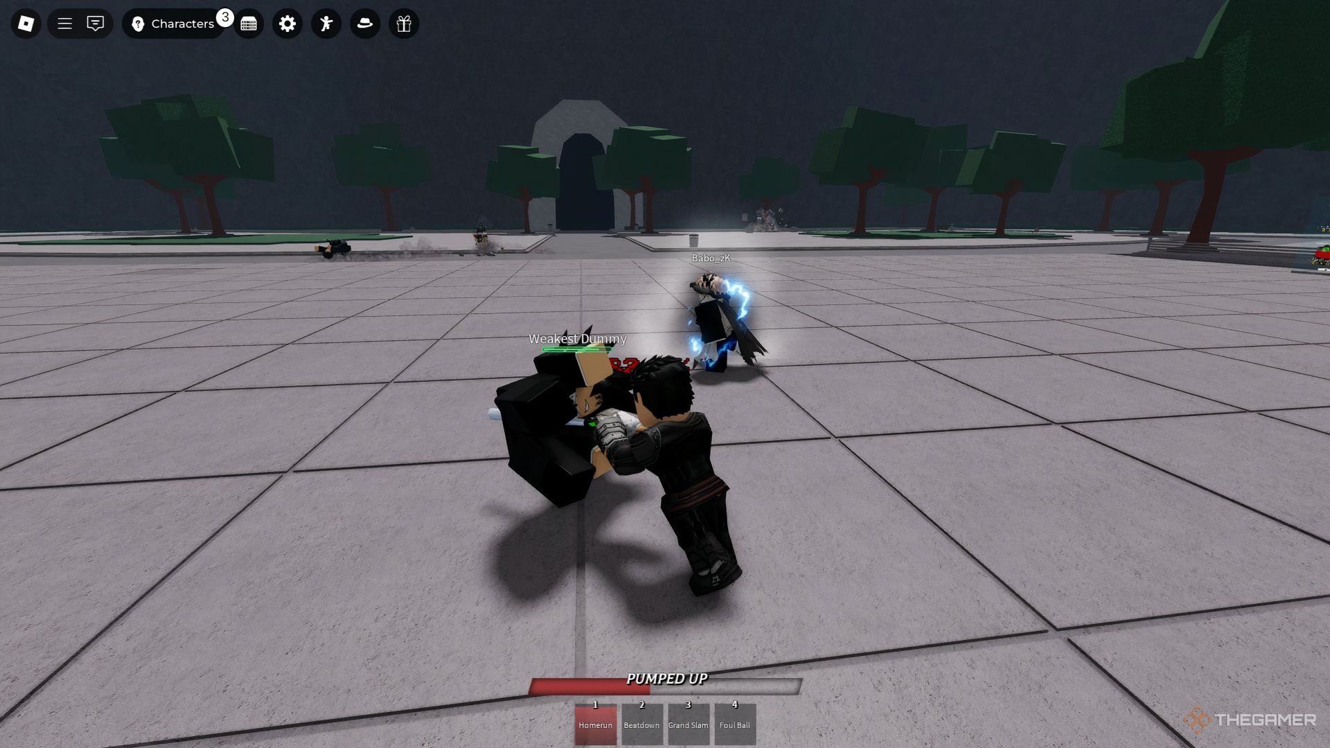 Brutal Demon hitting a demon with his bat in Roblox: The Strongest Battlegrounds.