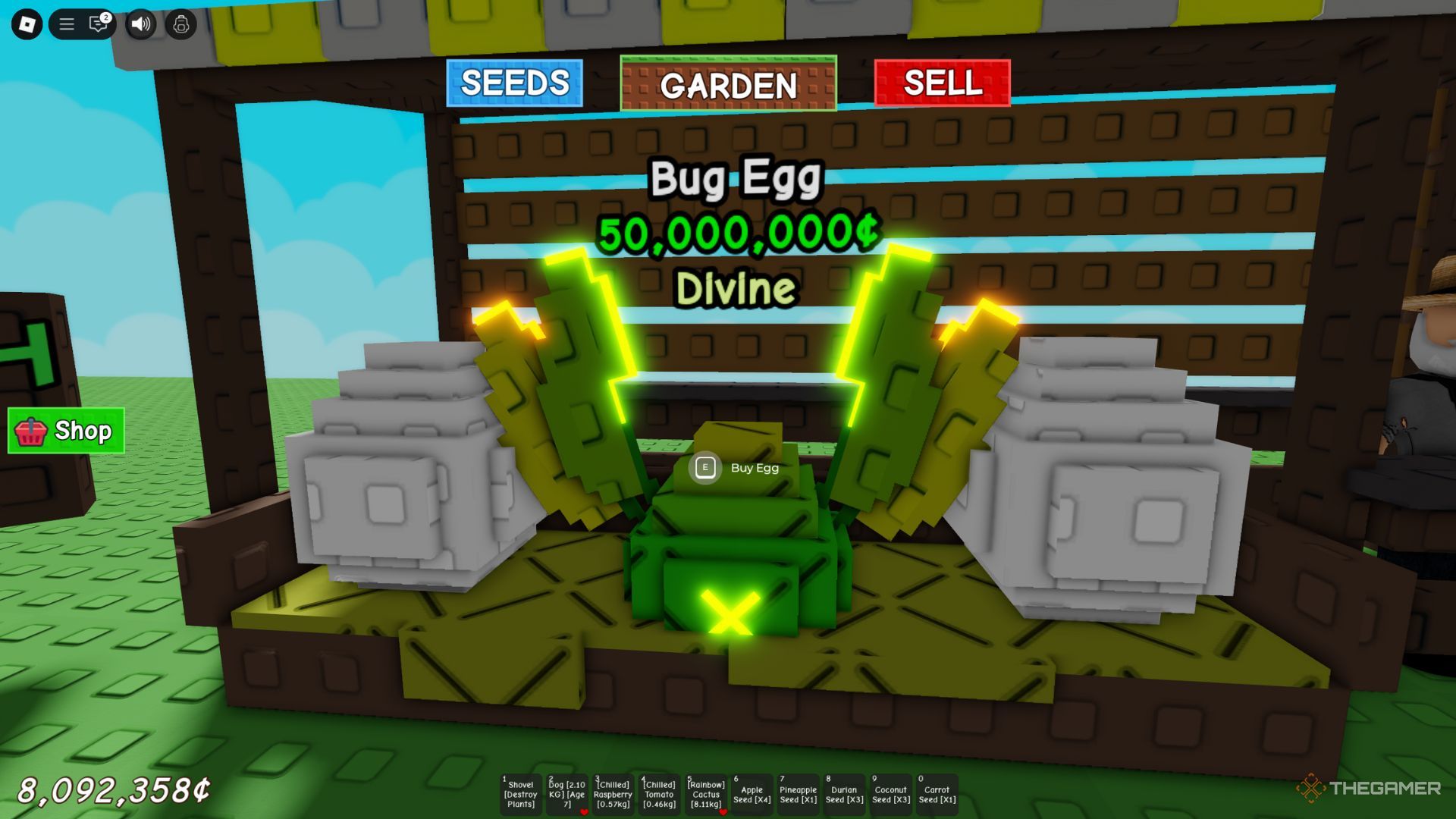 The player character shows a Bug Egg in the Pet Eggs shop in Grow A Garden.