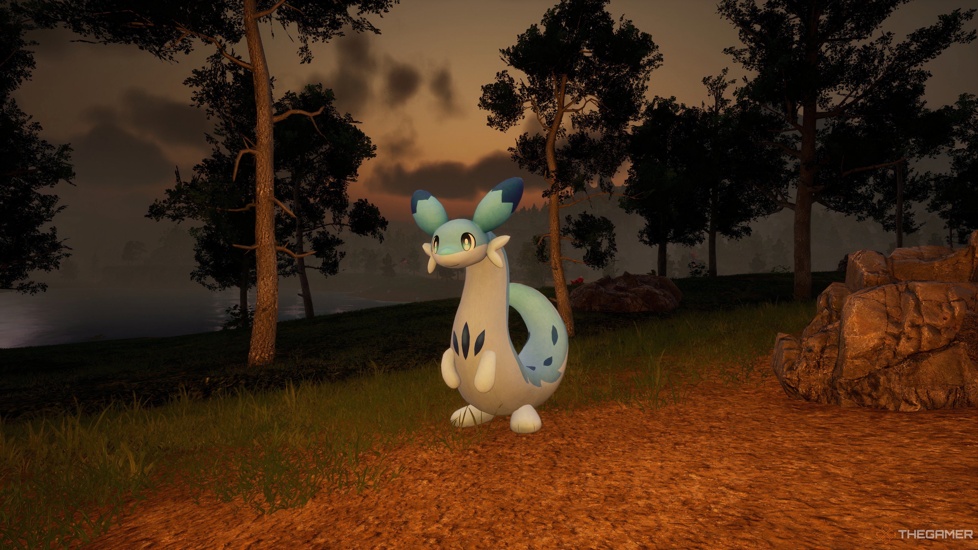 Chillet at dusk beside a lit campfire in Palworld.
