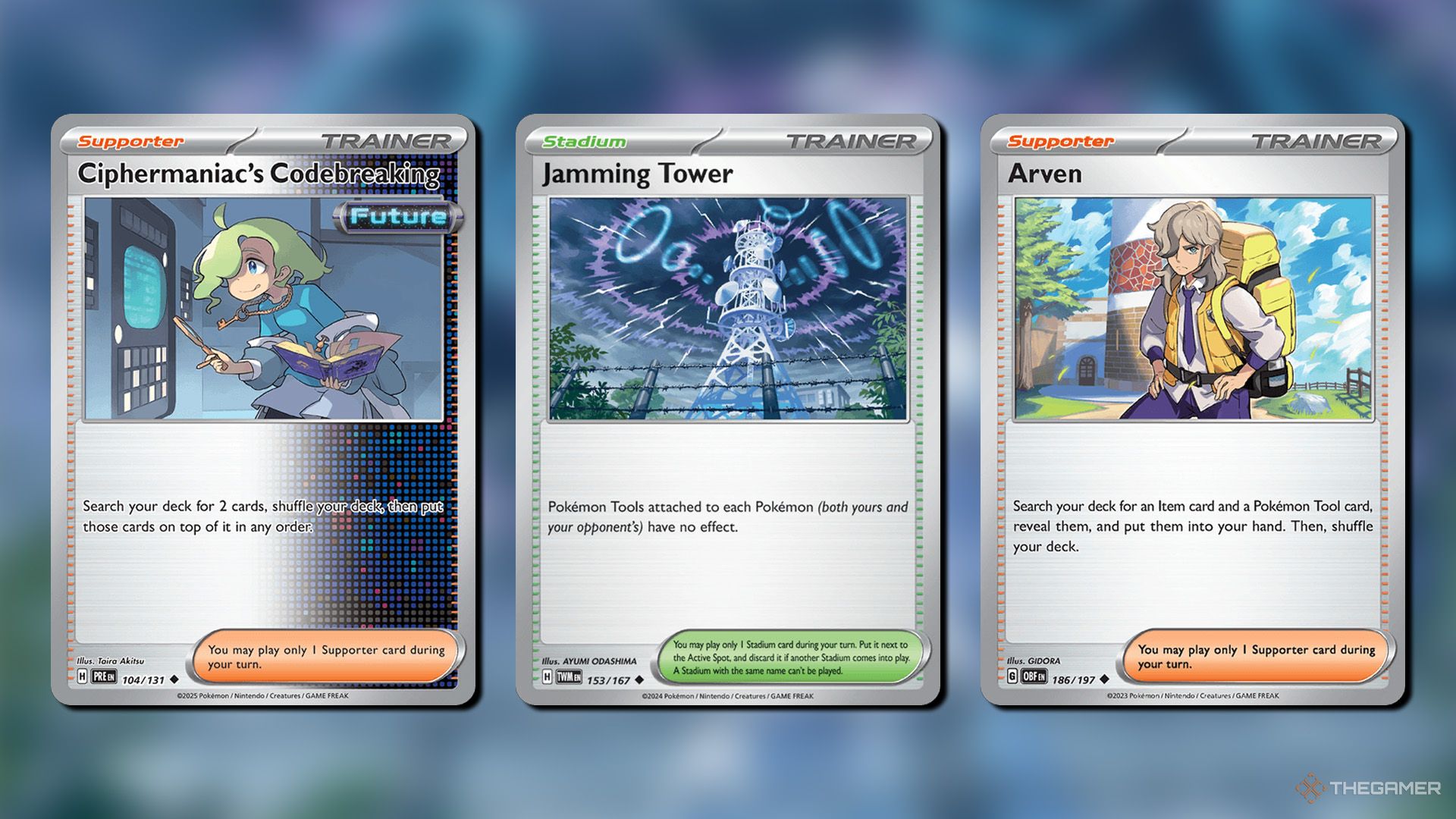Ciphermaniac's Codebreaking, Jamming Tower and Arven cards in Pokemon TCG.