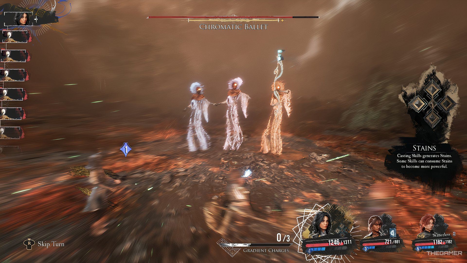 A boss holding up sword with the expidition memebers dodging the attack in front in Clair Obscur: Expedition 33.