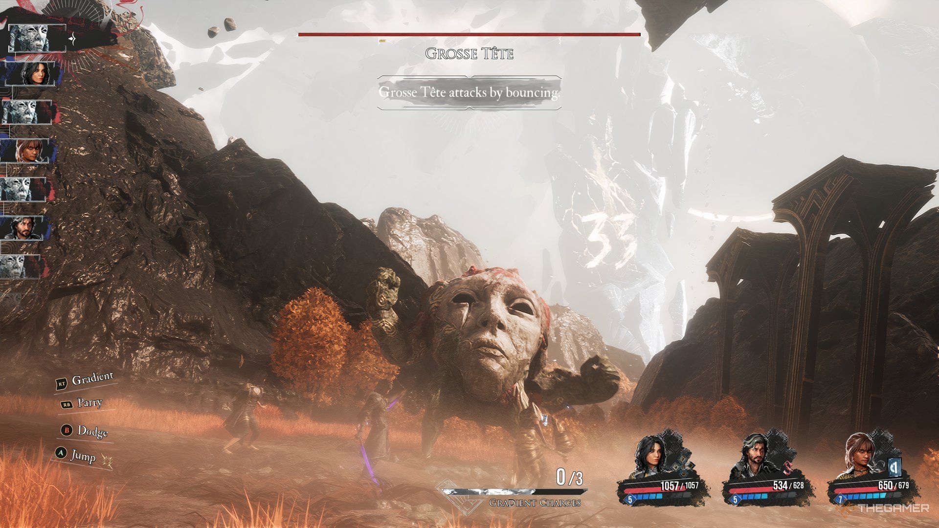 Grosse Tete about to attack in Clair Obscur Expedition 33. There is a structuer with the number 33 behind it.