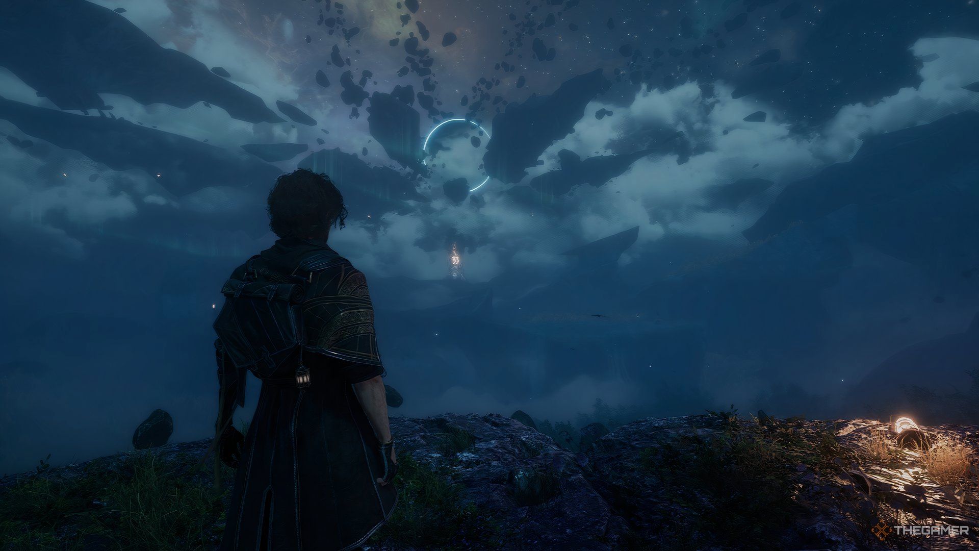 Gustave on a cliff looking at floating rocks off in the distance in Clair Obscur: Expedition 33. 