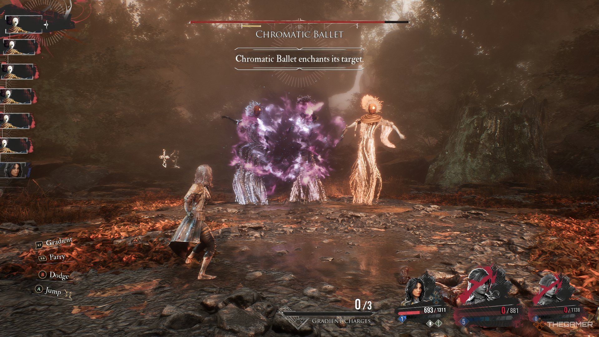 Lune facing the three bosses while getting attacked in Clair Obscur: Expedition 33.