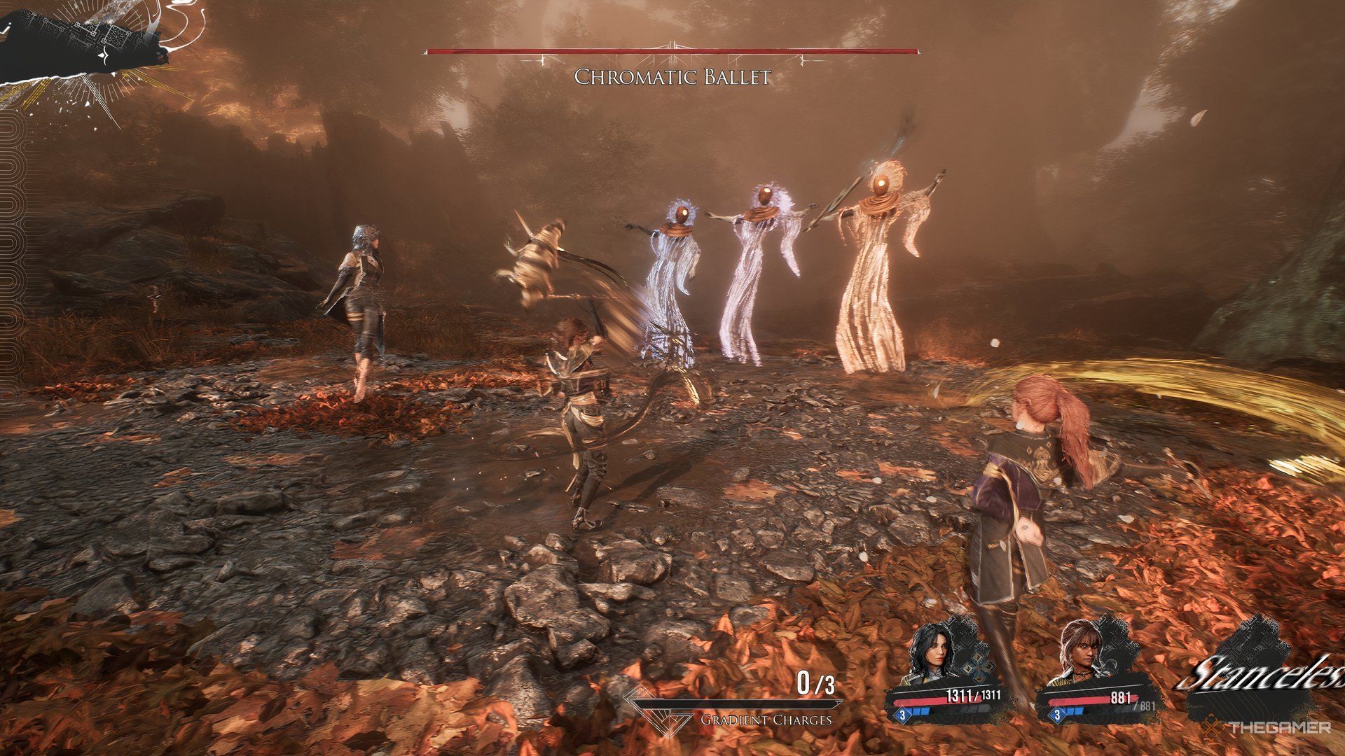 Maelle and Sciel mid attack with Lune floating on the left in Clair Obscur: Expedition 33.