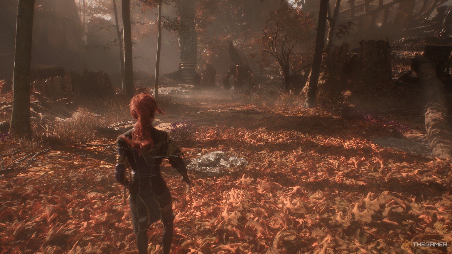 Maelle walking in a forest with a monster off in the distance in Clair Obscur: Expedition 33.