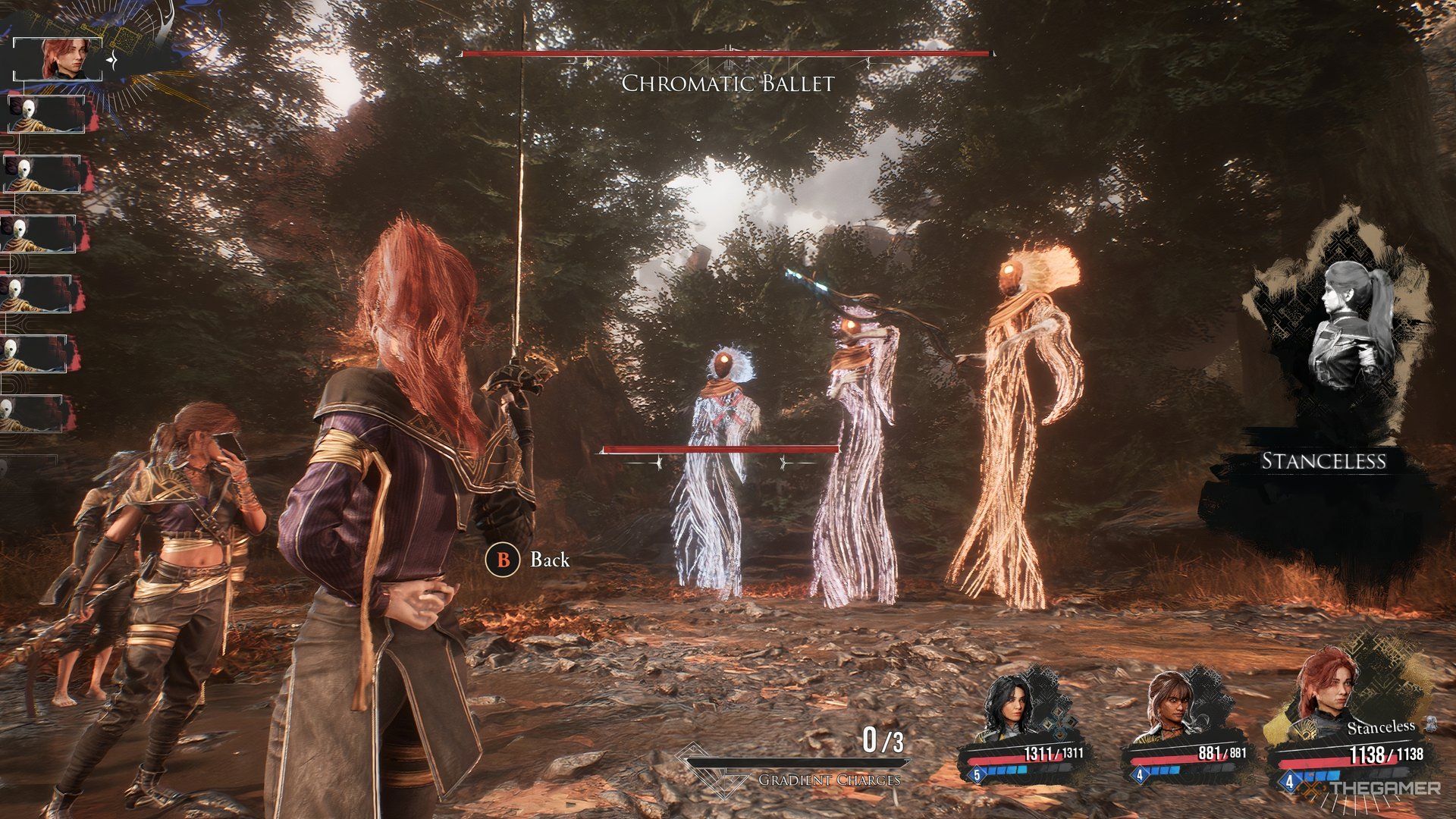 Maelle about to use her free aim attack in Clair Obscur Expedition 33. The three bosses of the Chromatic Ballet are floating in front of her.