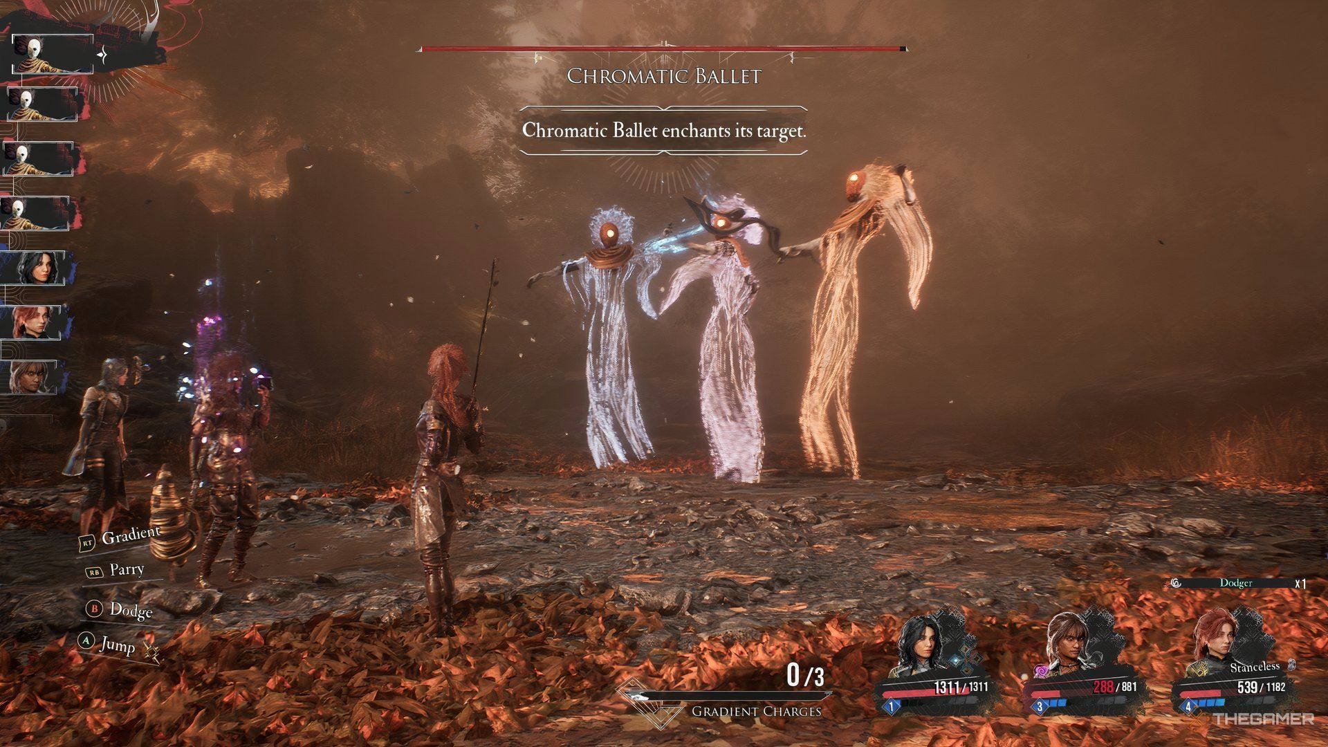 Maelle being targeted by the middle boss in Clair Obscur: Expedition 33. Sciel on her left has glowing orbs around her.
