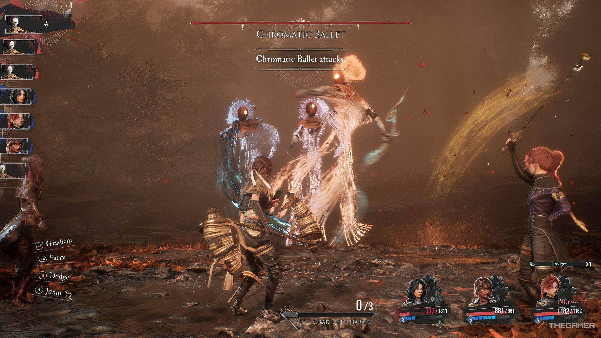 Sciel about to get attacked while Maelle is parrying an attack on the right in Clair Obscur: Expedition 33.