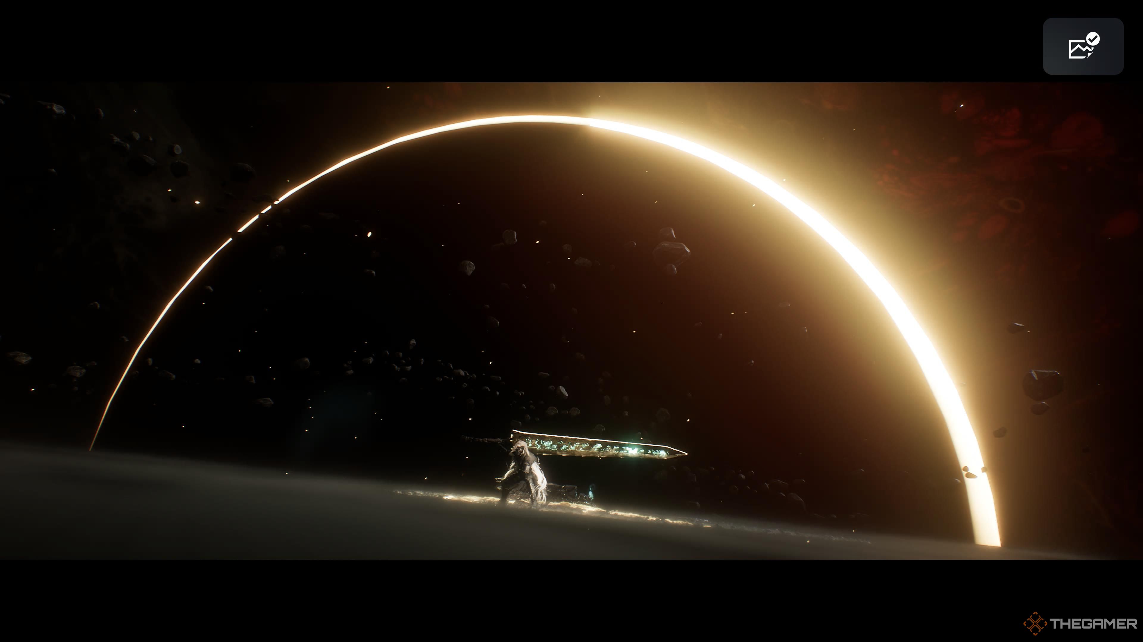 simon kneeling with his sword shouldered as a solar eclipse passes in the background in clair obscur: expedition 33.
