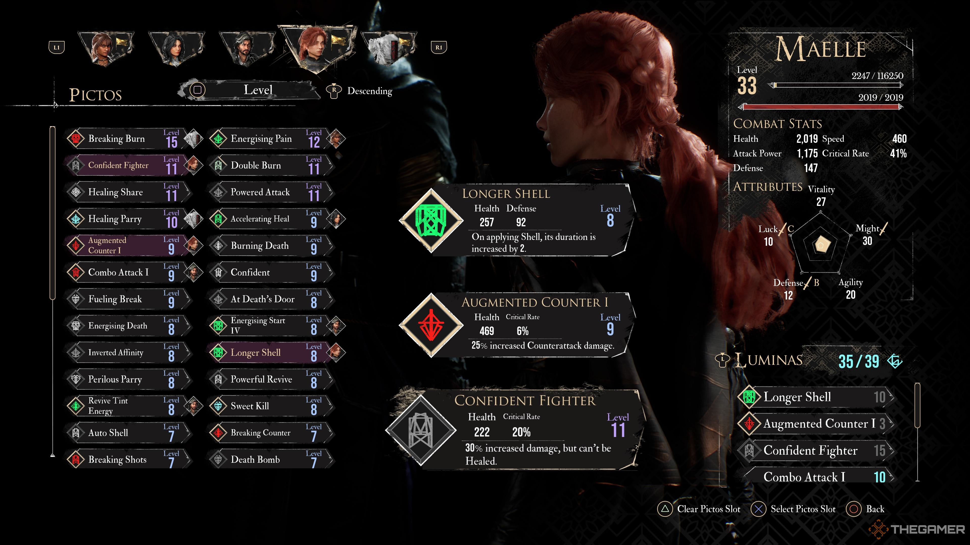 Equipping Maelle different Pictos before the Chromatic Ramasseur battle showing ones like Confident Fighter in Clair Obscur: Expedition 33.